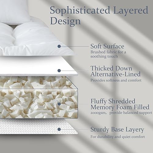 WhatsBedding 5 Inch Memory Foam Mattress Topper Queen for Pressure Relief, 100% Cotton Cover, Comfort Supportive Pillow Top Mattress Topper, 2000GSM Fluffy Shredded Memory Foam Filled(White（5）,Twin)