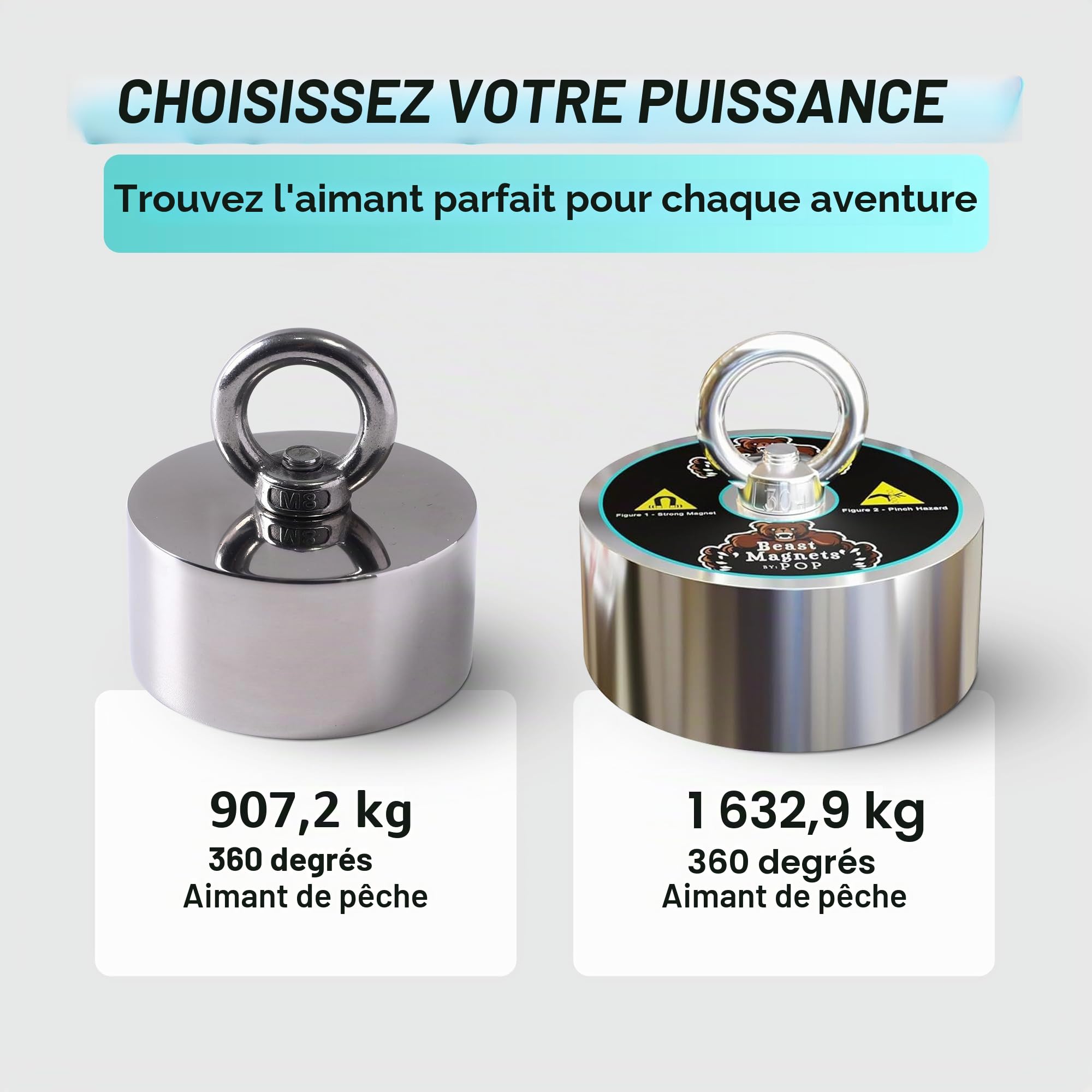 Aimant puissant de 1632,9 kg - Aimant de pêche à 360 degrés - Pour la pêche à l'aimant, le sauvetage et la chasse au trésor