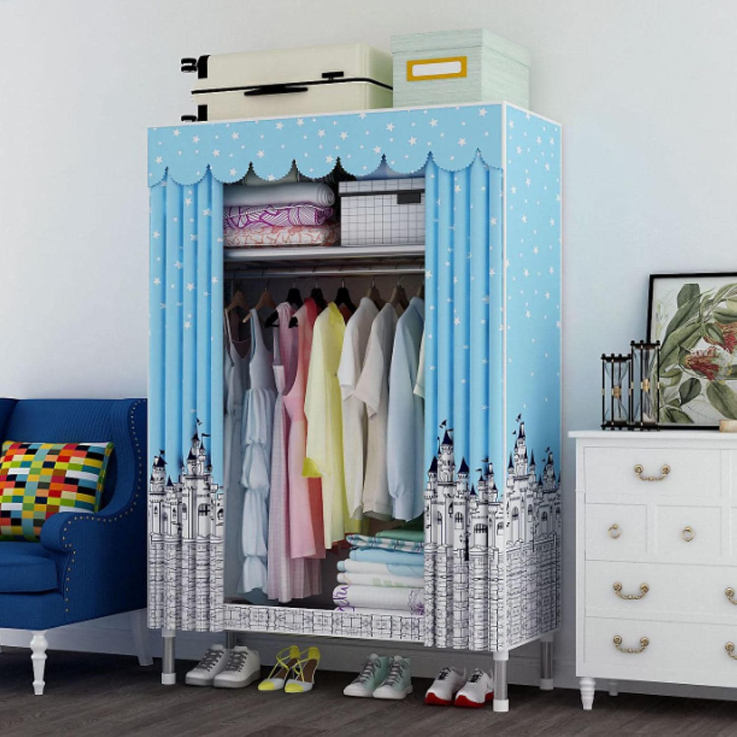 Wardrobe,Portable Canvas Wardrobe Shelves with Hanging Rail,Shelves,Fabric Wardrobe,Clothes Closet Storage Organizer for Bedroom,B-85x45x175cm