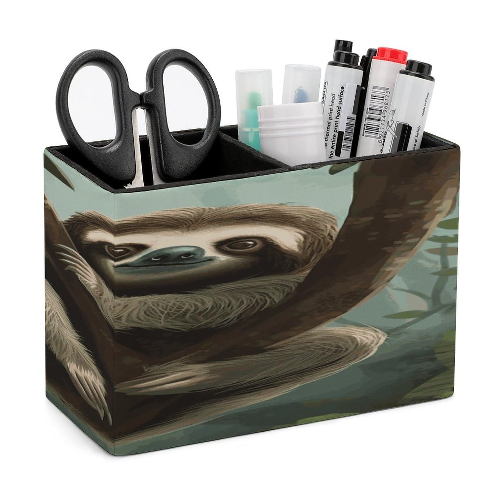 LDGSUPH Sloth2 Leather Pen Holder for Desk Organizer Caddy Large Pencil Cup Multi-function Pencil Holder Makeup Brush Holders Pen Organizer for Home Office Storage Box