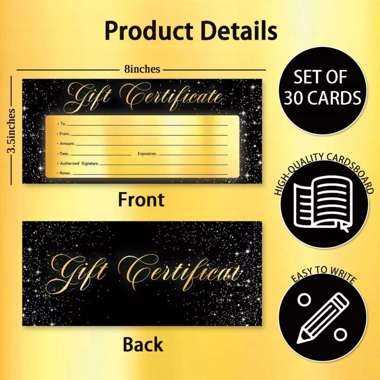 Blanko-Geschenkgutschein für Geschäft, 25 schwarzgoldene Geschenkgutscheinkarten für Spa, Restaurants, Salon, individuelle Kundengutscheine für Geburtstag, zum Ausfüllen von Blanko-Arbeiten