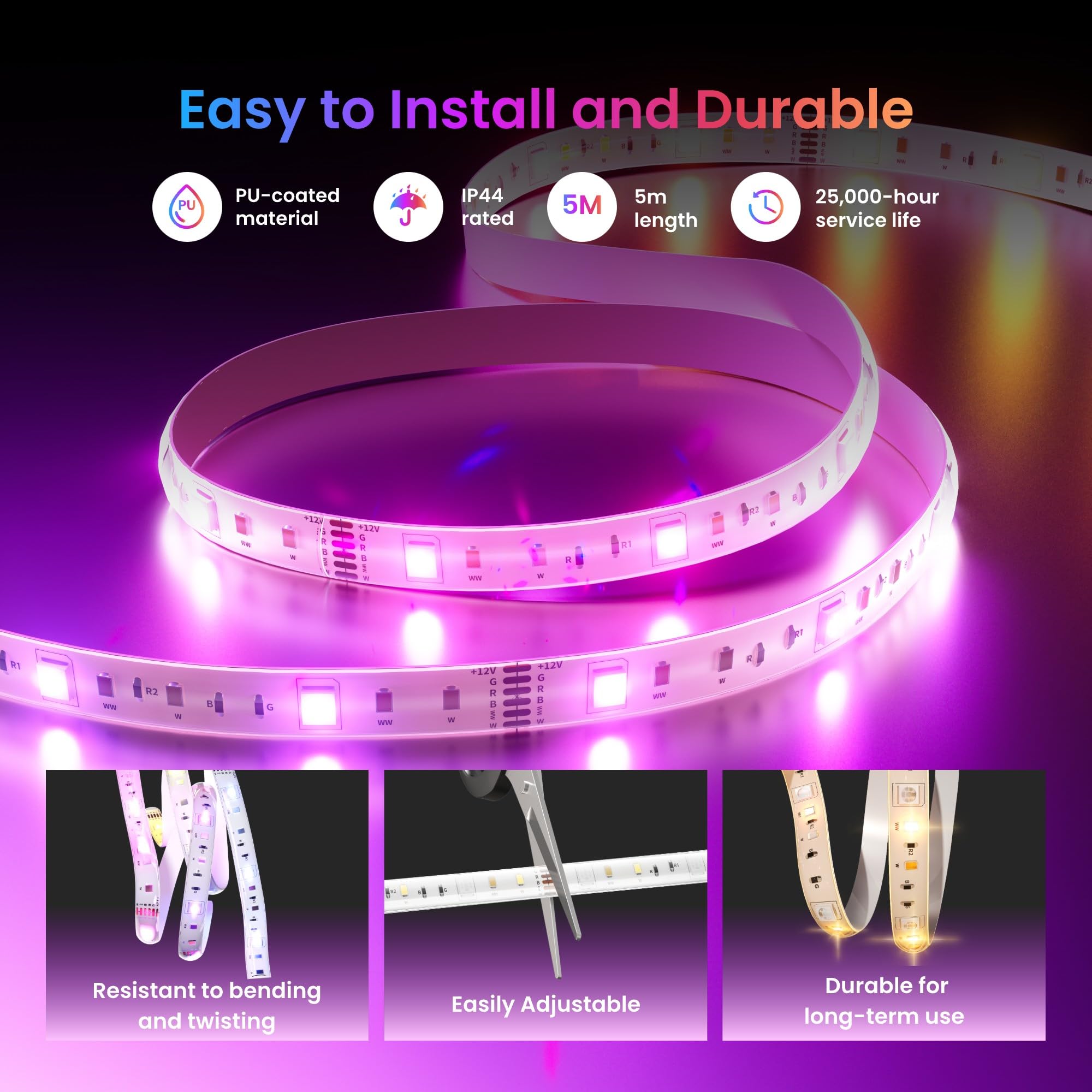 SwitchBot 16.4ft RGB LED Strip Lights for Bedroom, 12V Smart Light Strip with Matter, Works with Apple Home, Alexa, Google Home, Music Sync, Color Changing for Room, Cabinet, Party, Decor
