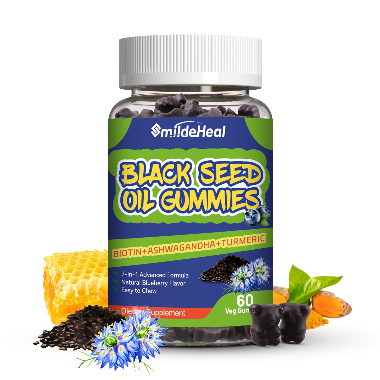 Black Seed Oil Gummies, Organic Black Cumin Seed Oil Gummies, Black Cumin Seed Oil Organic 500mg, Chewable Black Seed and Honey Gummies, Vegan, 60 Gummies