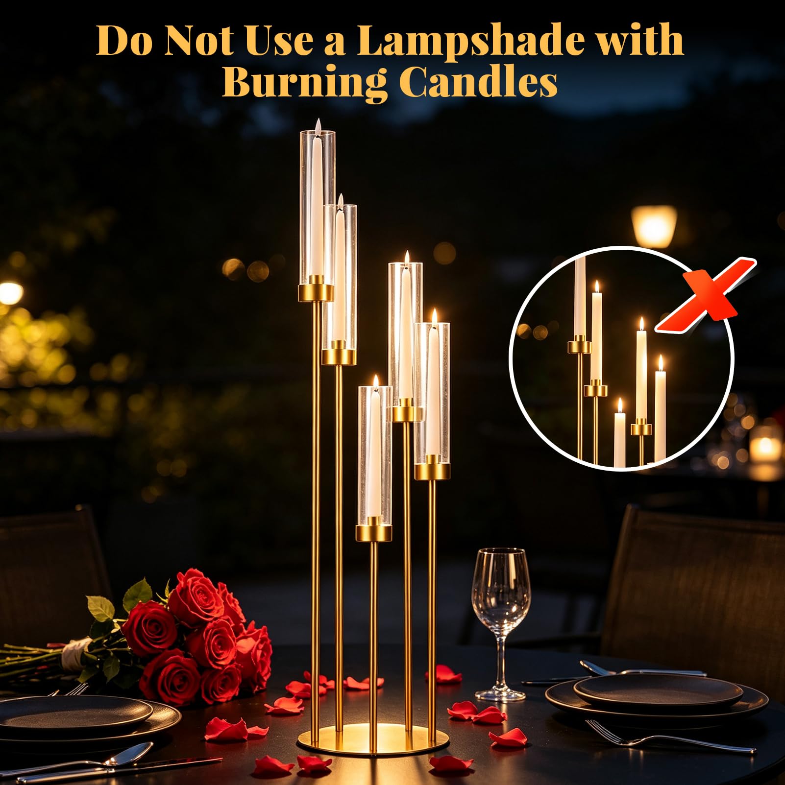 Set di 4 Candelieri in Metallo a 5 Bracci, Altezza 66-106 cm | con Paralume in Acrilico, Ideali per Matrimoni, Decorazioni per la Casa (compatibili con candele a LED)