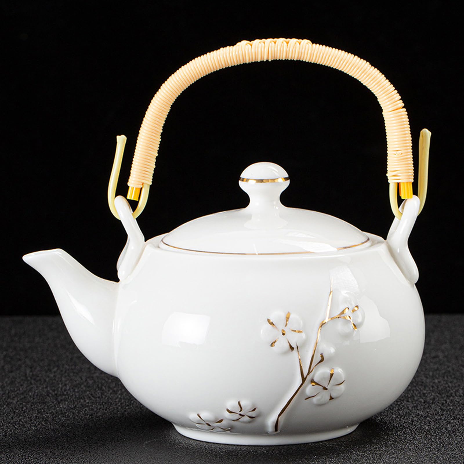 KEYDUACU Service à thé japonais en céramique blanche, motif fleur de prunier gaufré, comprend 1 théière (660 ml), 6 tasses, plateau à thé, passoire, peut être utilisé à la maison, en plein air,