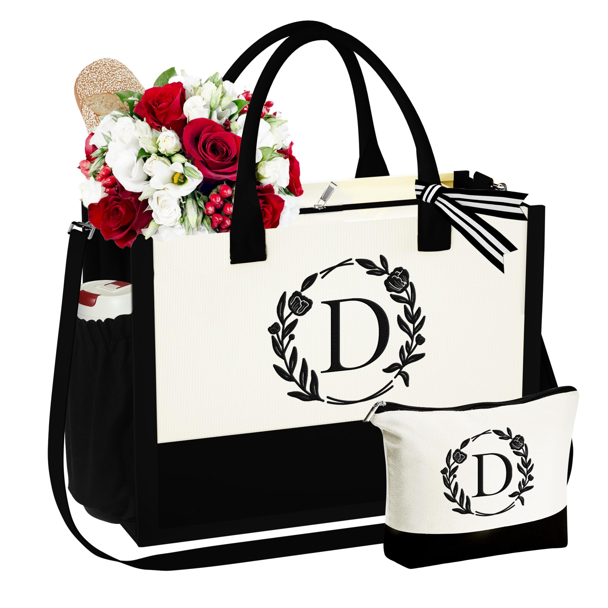 YOOLIFE Gifts for Women - Initial Canvas Tote Bag Makeup Bag, Valentines Day Gifts for Women Teacher Mom Wife Friend Birthday