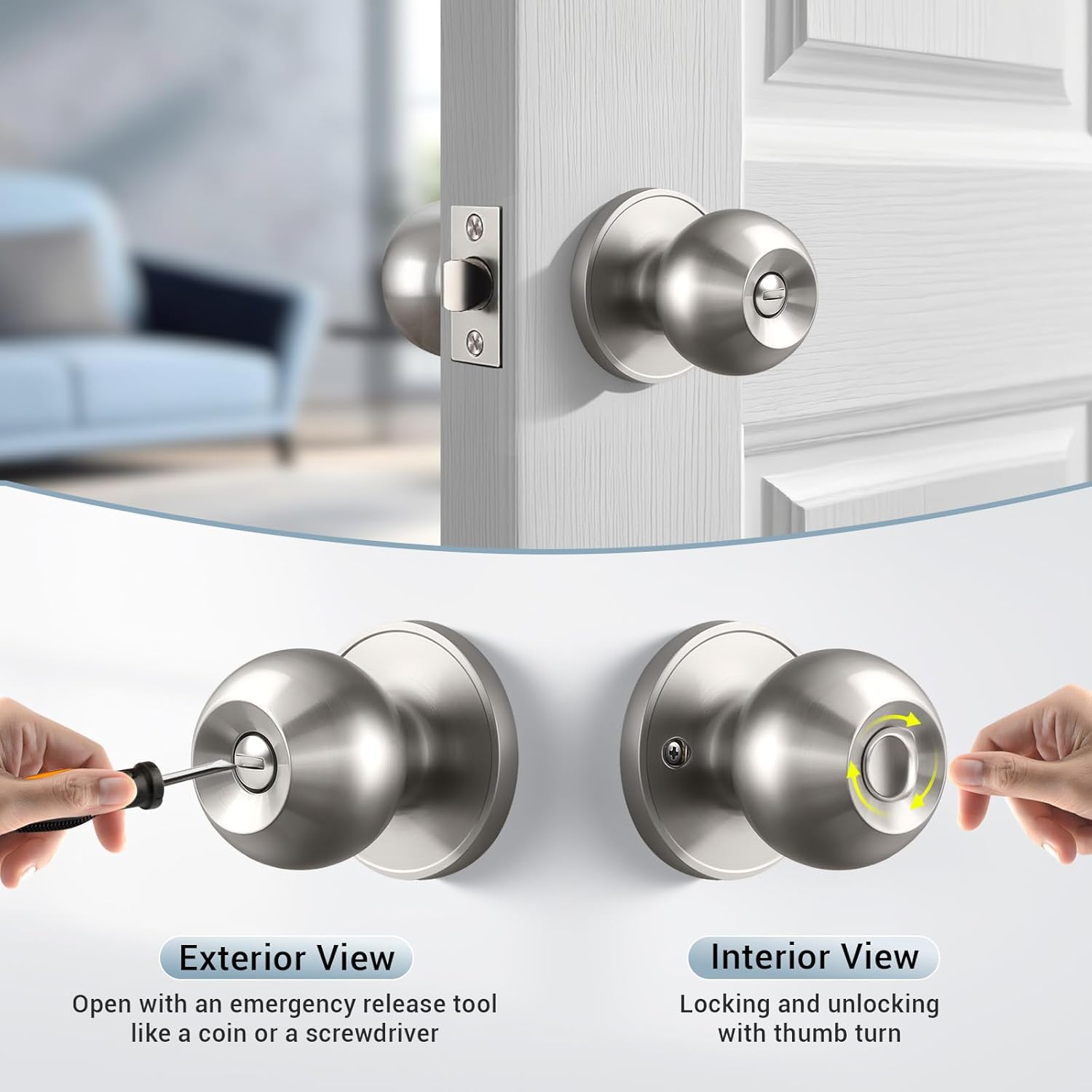 KNOBWELL Brushed Nickel Door Knob for Bedroom Bathroom, Interior Door Knobs with Round Ball Knob, Keyless Privacy Door Knob with Lock, Indoor Door Handle, 5 Pack