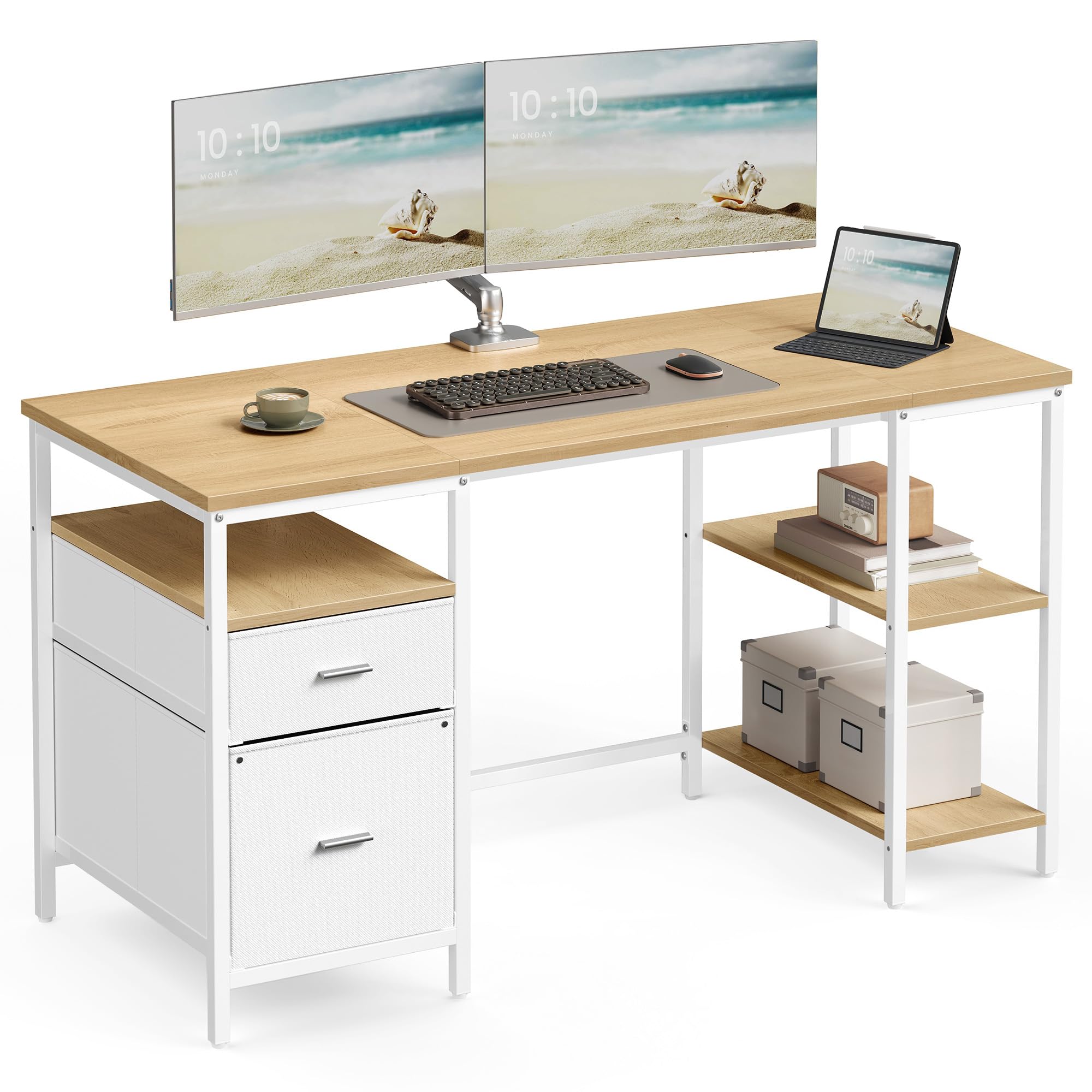 VASAGLE Scrivania per Computer, Tavolo da Ufficio, Scrivania con 3 Ripiani, 2 Cassetti, 60 x 140 x 76 cm, per Ufficio, Soggiorno, Stile Moderno, Rovere Naturale e Bianco Perla LWD104Y01
