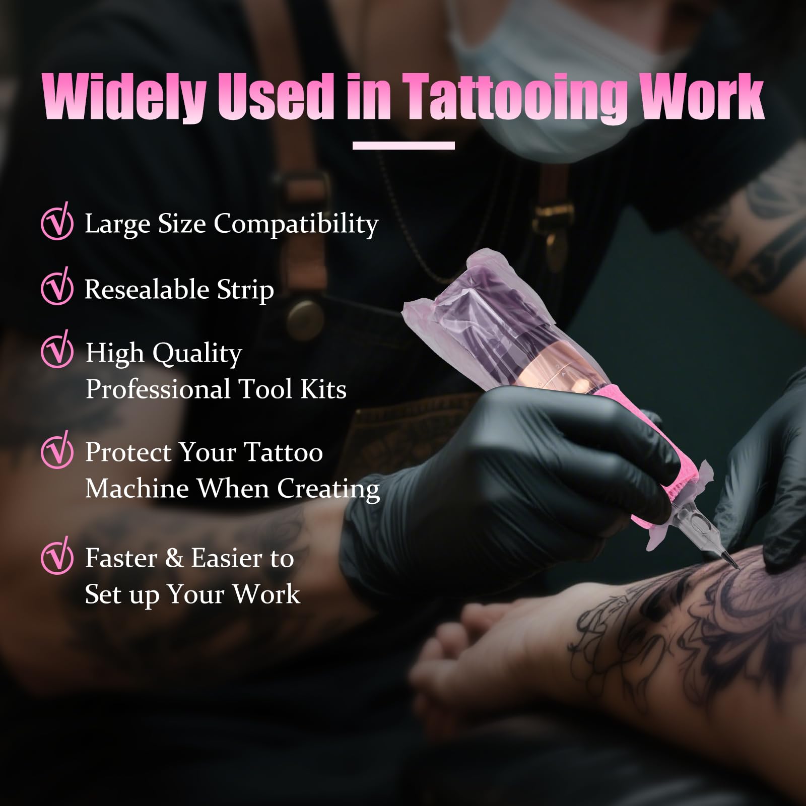 200PCS Tattoo Pen Covers z taśmą samoprzylepną 4PCS Tattoo Grip Wrap Bandaże Maszyna do tatuażu Torby Akcesoria do tatuażu (różowy, 200 sztuk toreb + 4 sztuk taśmy)