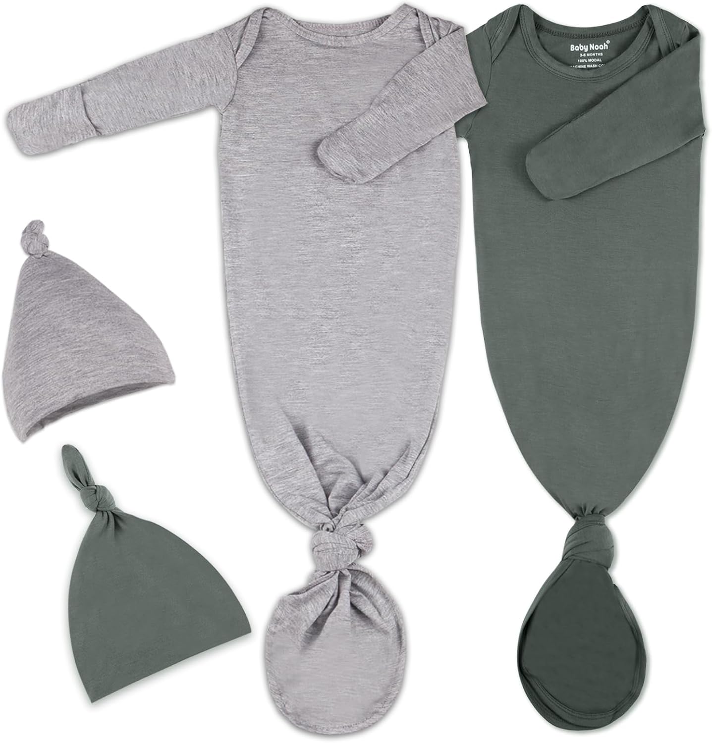 2Pk Newborn Baby Knotted Gown, Super Soft Silky Infant Long Sleeve Sleeper for Baby Sleeping with Hat Dark Gray&light Grey(2 Packs 0-3 Months)