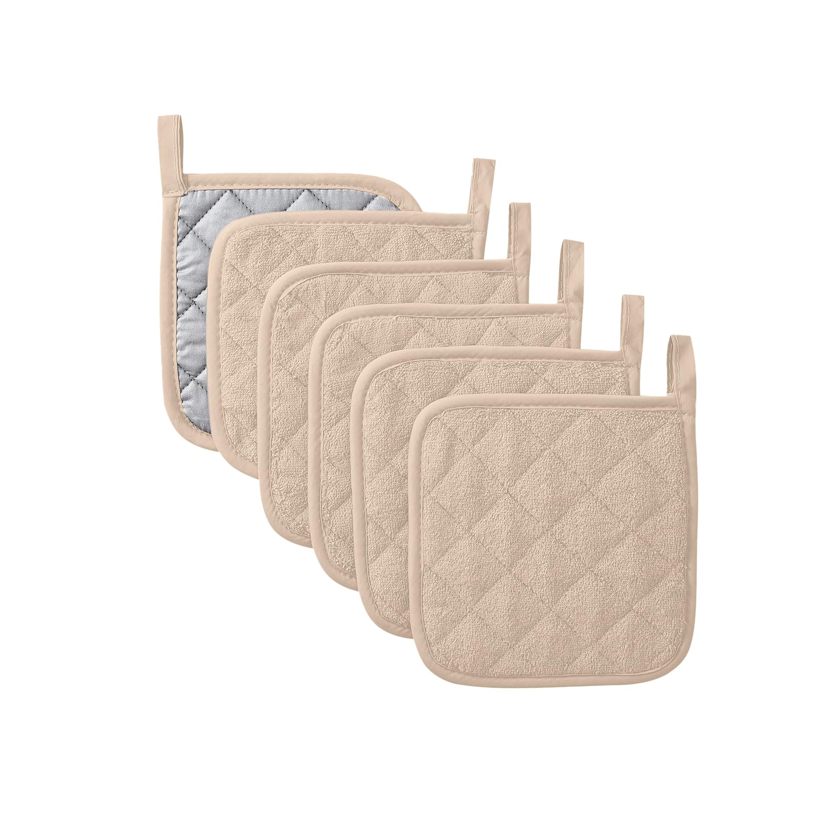 Topflappen-Set für die Küche, hitzebeständig, reine Baumwolle, Untersetzer, große Untersetzer, Hot Pads, Frottee-Topflappen für das tägliche Kochen und Backen, 17,8 x 17,8 cm, 6 Stück, Dunkelbeige