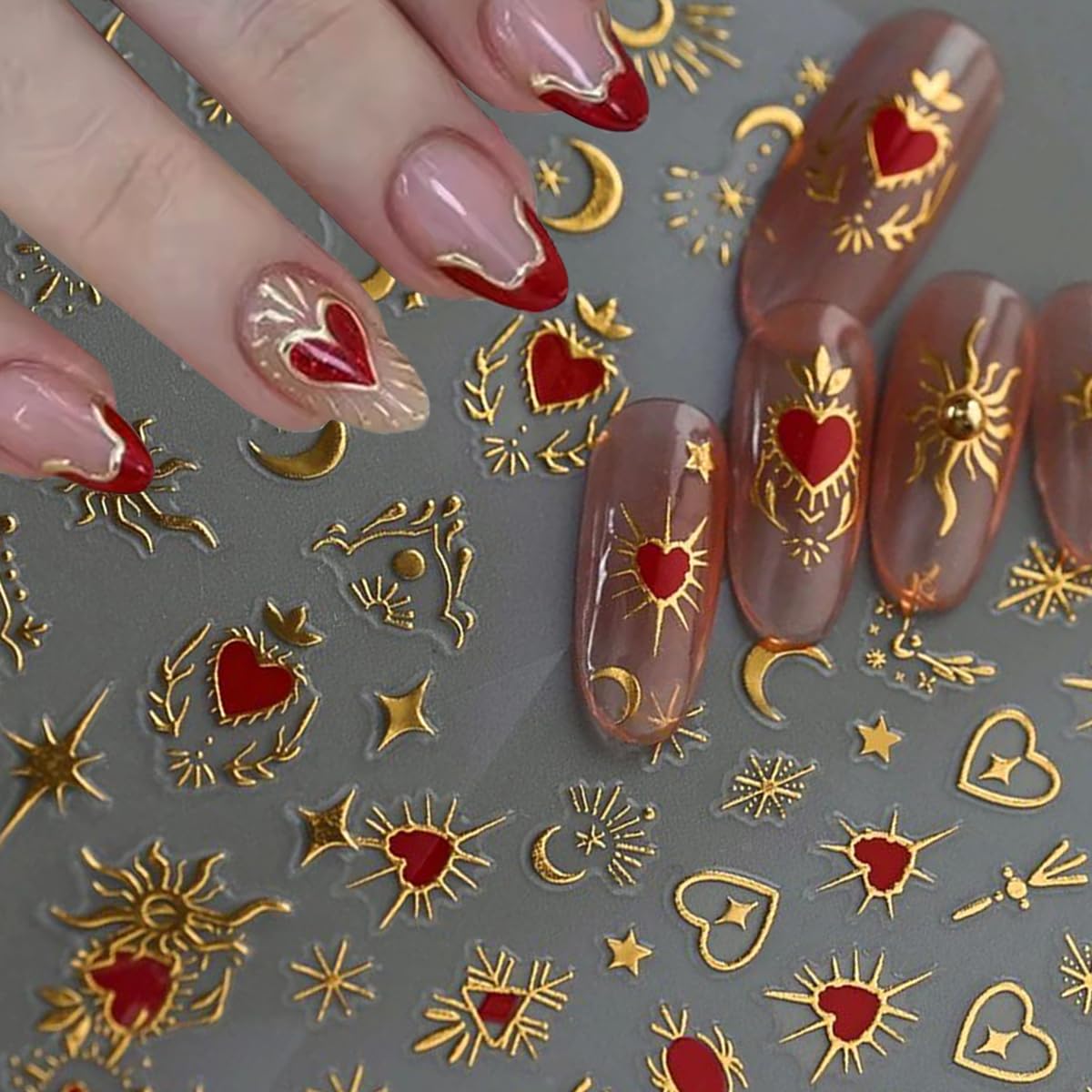 Love Heart Nail Art Stickers Bronzing Gold Star Moon Heart Nail Stickers 8PCS 3D Holographic Stars Sun Design Y2K Nail Adhesive Sliders Starlight