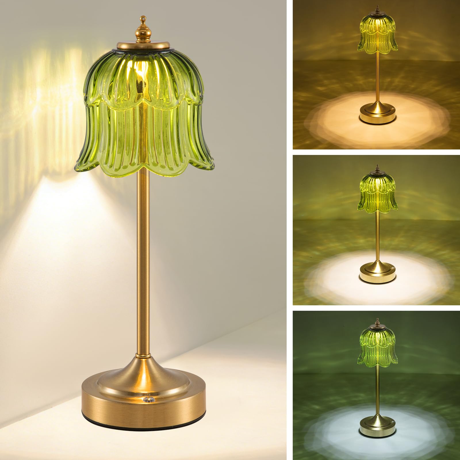 Retro Rose Tischlampe Kabellos, Wiederaufladbar mit 6000mAh Akku, 3 Farbtemperaturen Dimmbar, Tragbare LED-Tischlampe für Esszimmer, Schlafzimmer,Bartheke(Smaragdgrün)