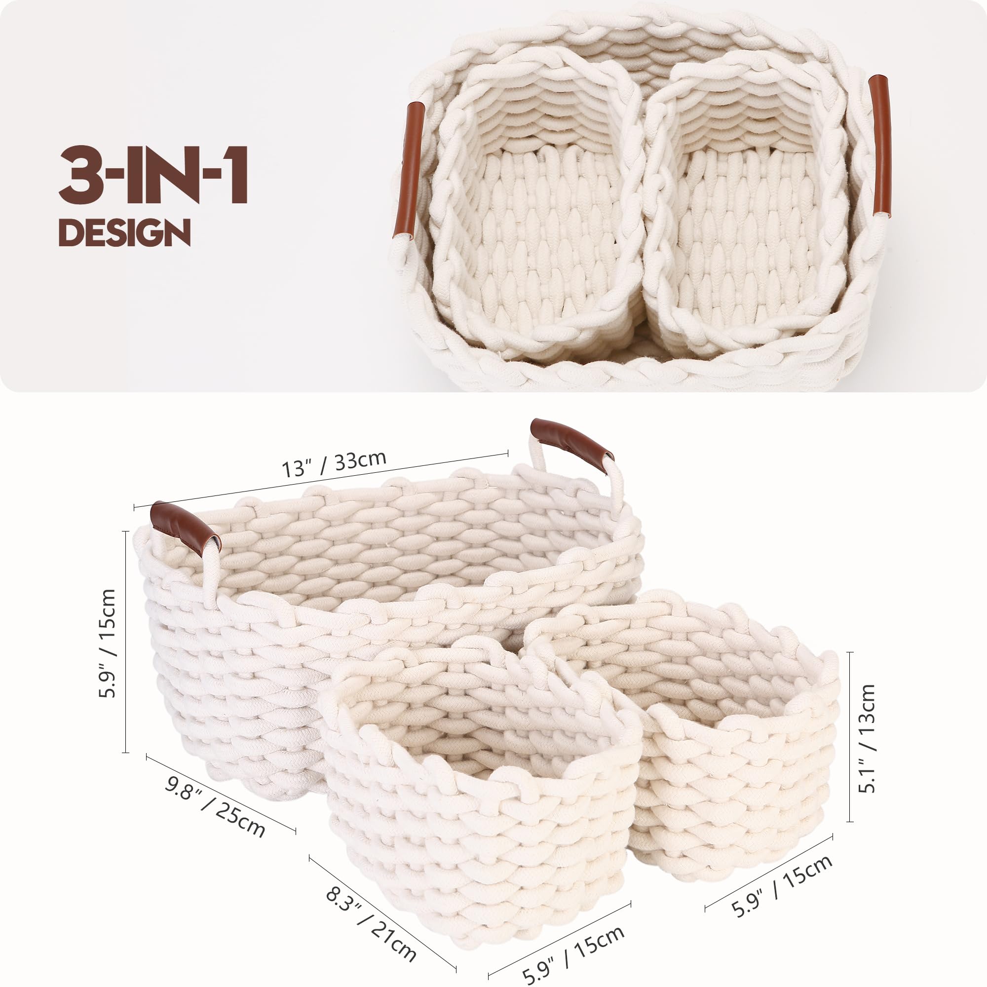 Paquete de 3 cestas de almacenamiento de cuerda de algodón tejidas rectangulares con asas, cesta de estante, organizadores de armario, 3 en 1, color blanco 4