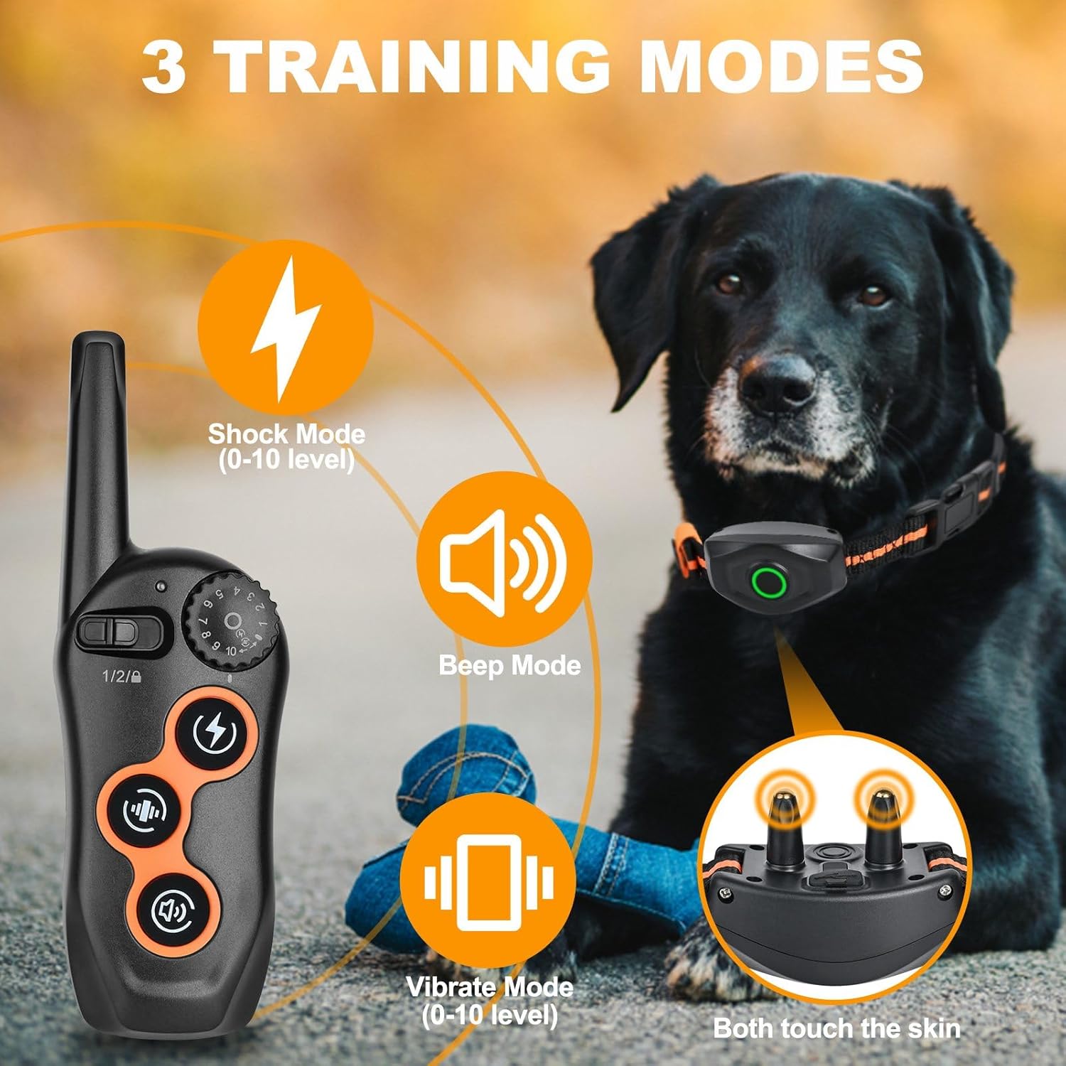 Dog Training Collar, IPX7 Waterproof Dog Training Collar with Remote Range 1300ft, 3 Training Modes, Beep, Static, Vibration, Rechargeable Electric Training Collar for Small Medium Large Dogs (Black)
