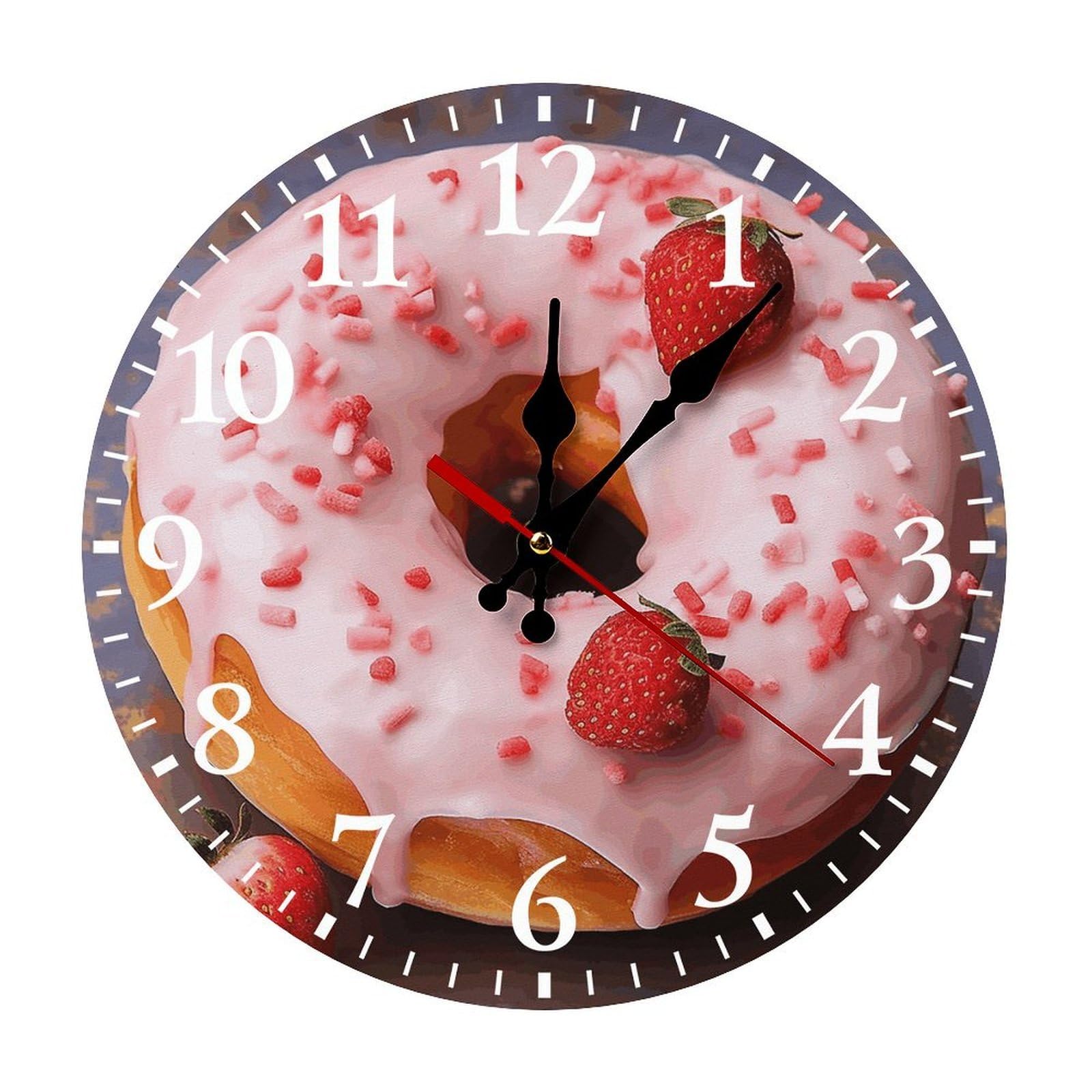 QMNLKH Strawberry Donut Wall Clock for Home, Battery Operated Clock for Hotel, Round Wall Clock with Arabic Numerals White, Easy to Read, Non-Ticking Clocks for Living Room 30 * 30cm