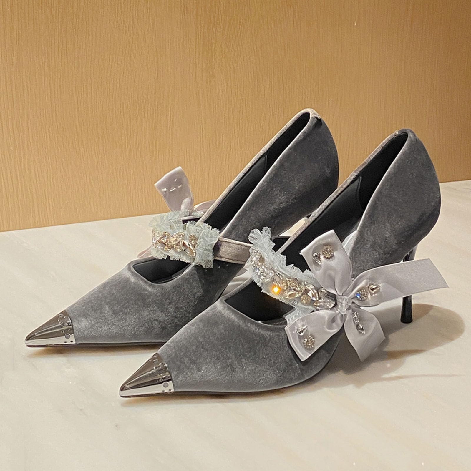 Mujer Zapatos de Tacón Lazo Rente Strass Terciopelo 9CM Sexy Stilettos Gris