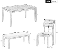 Vista 12 de Juego de mesa de comedor de madera de goma de 6 piezas con patrón de grano de madera y cojín suave, mesa de comedor rectangular con 4 sillas