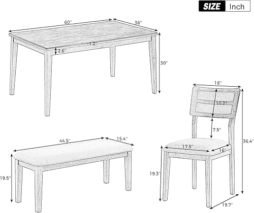 Miniatura 3 de Quarte Juego de mesa de comedor de estilo clásico y tradicional, juego de muebles de cocina de madera de 6 piezas con mesa trapezoidal, 4 sillas