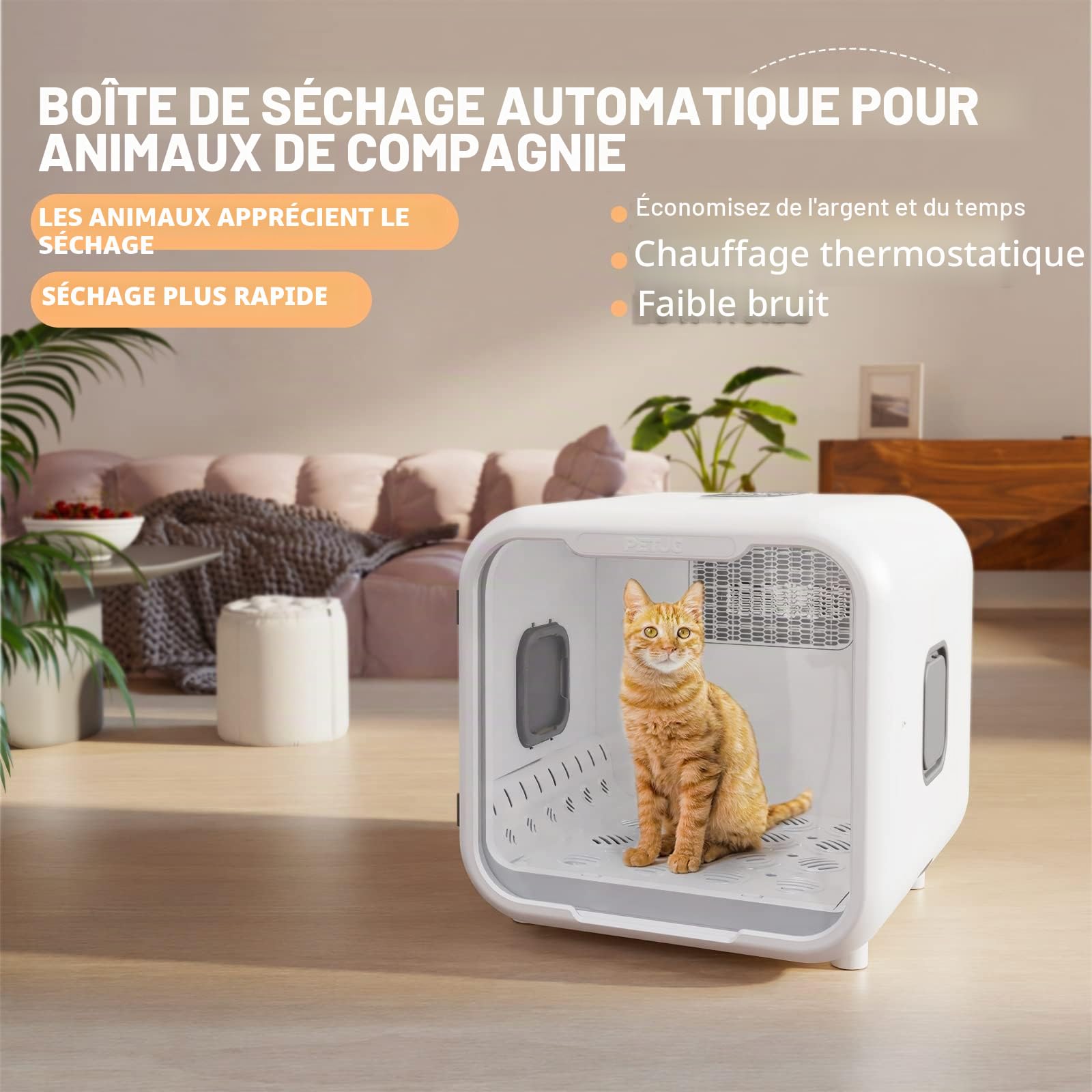 PETJC Sèche-Cheveux Automatique pour Chat et Petits Chiens, 71L Grande Capacité, Contrôle Intelligent de la Température,boîte de séchage de cheveux d'animaux de compagnie ultra silencieux 360 séchage