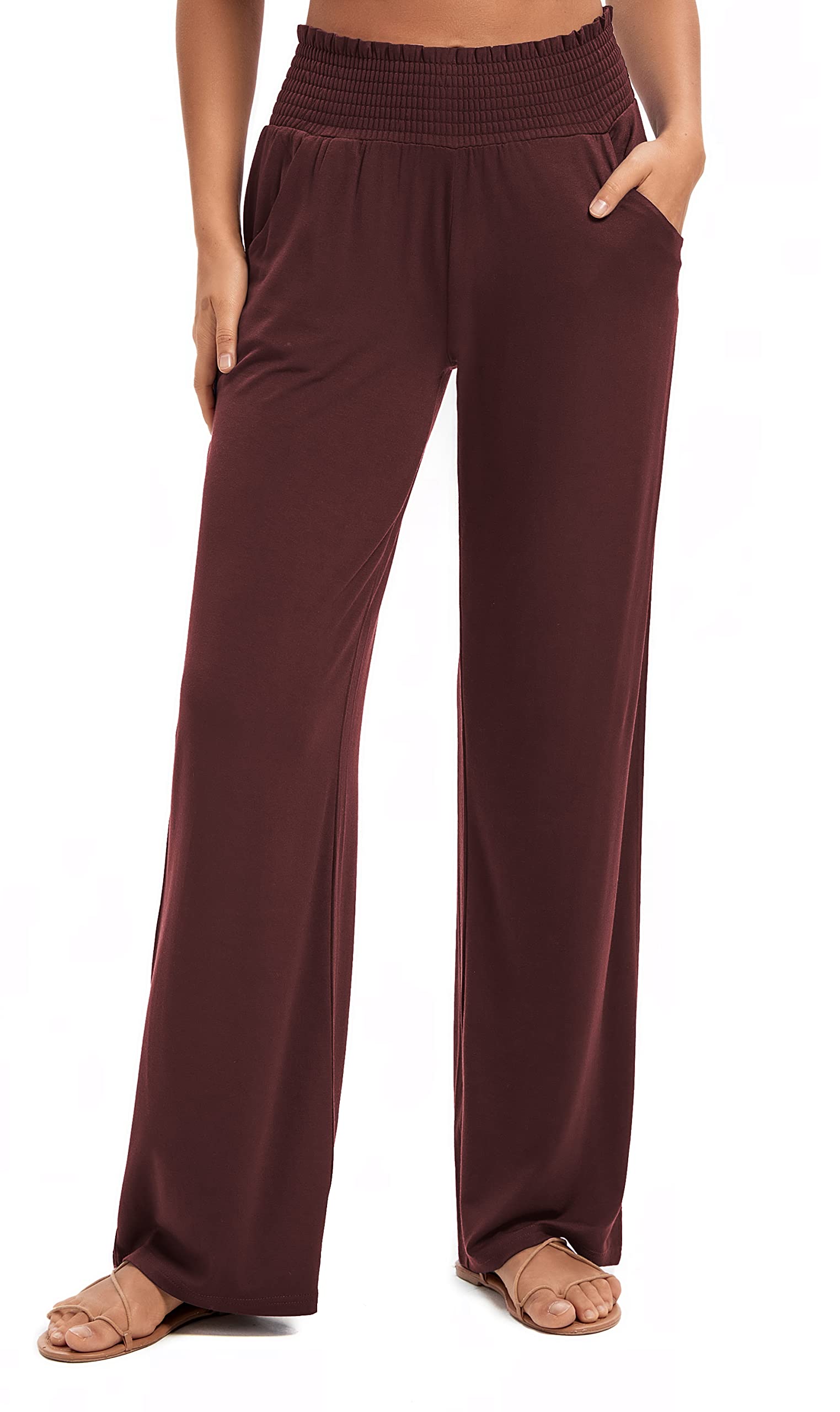 Urban Coco Pantalon Palazzo Fluide Taille Haute pour Femme - Taille élastique - Jambe Large - Extensible - Jambe Droite - Pantalon habillé et décontracté