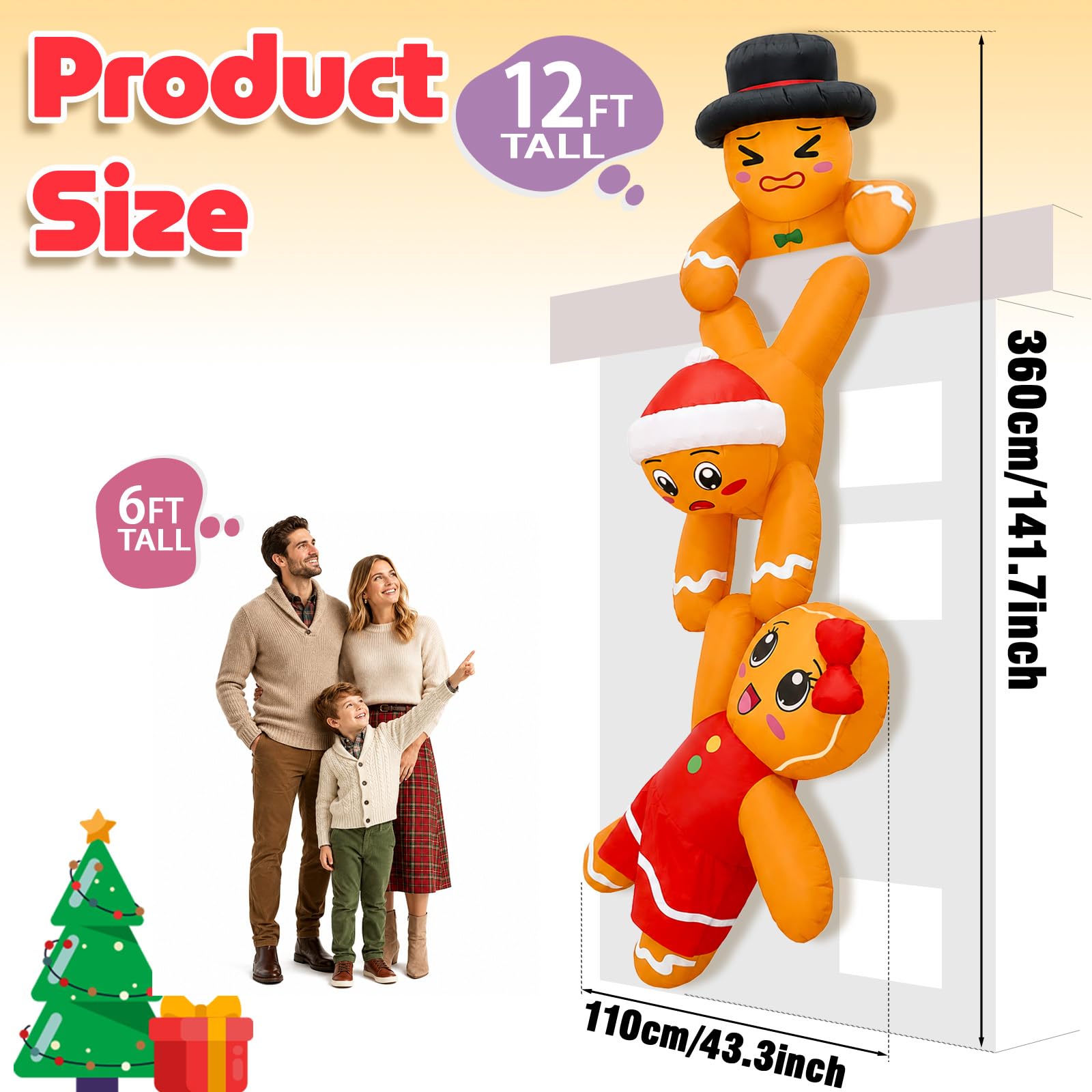 AerWo Décoration de Noël gonflable d'extérieur de 3,7 m, bonhomme en pain d'épices avec lumières LED pour Noël, maison, toit, arbre, avant-toit