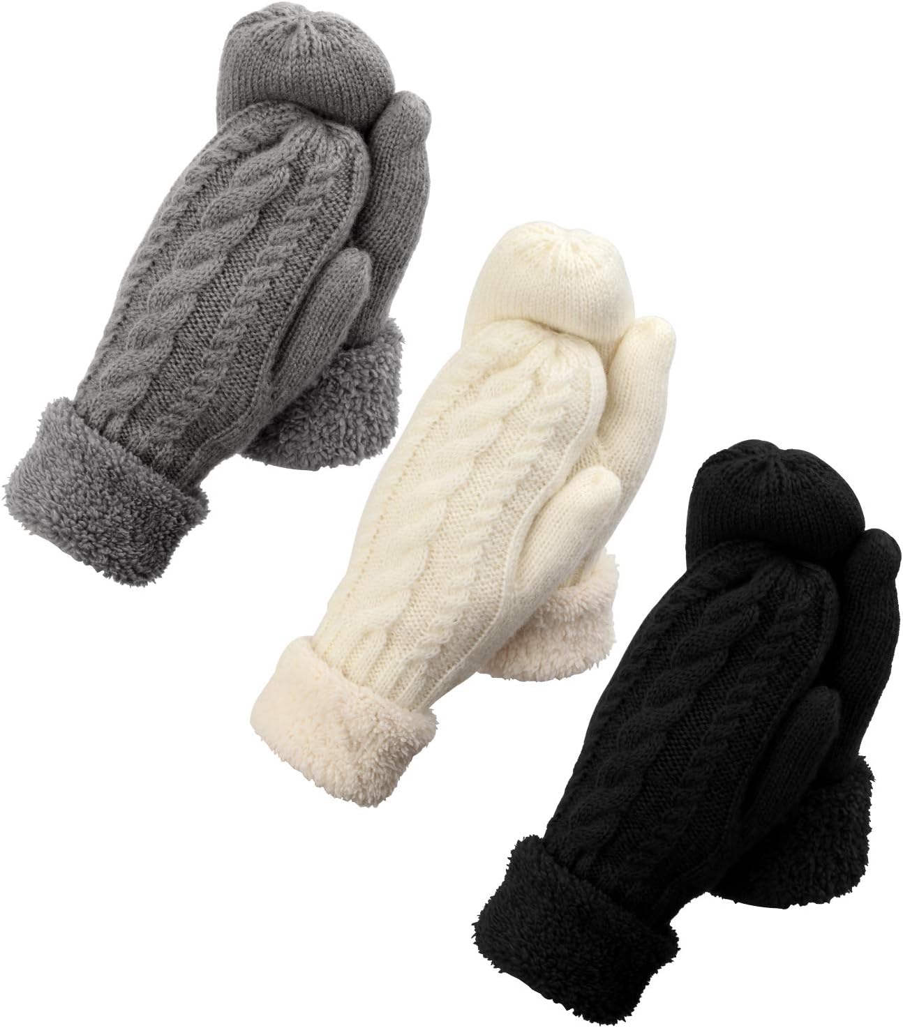 happion 3 Pairs Winter Mitten Gloves For Women, Warm Knit Thick Gloves With Thick Fleece Lining Gift