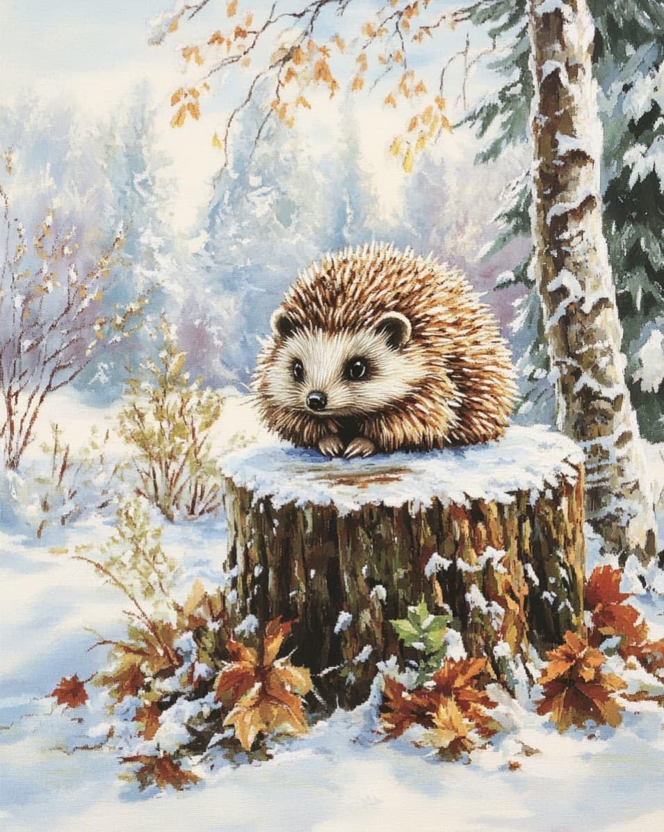WallustrioaW Stamped Cross Stitch Kits for Adults,Hedgehog in the Snow,11CT Cross-Stitch for Home Wall Decor DIY Embroidery Kit Needlework Crafts,40x50cm