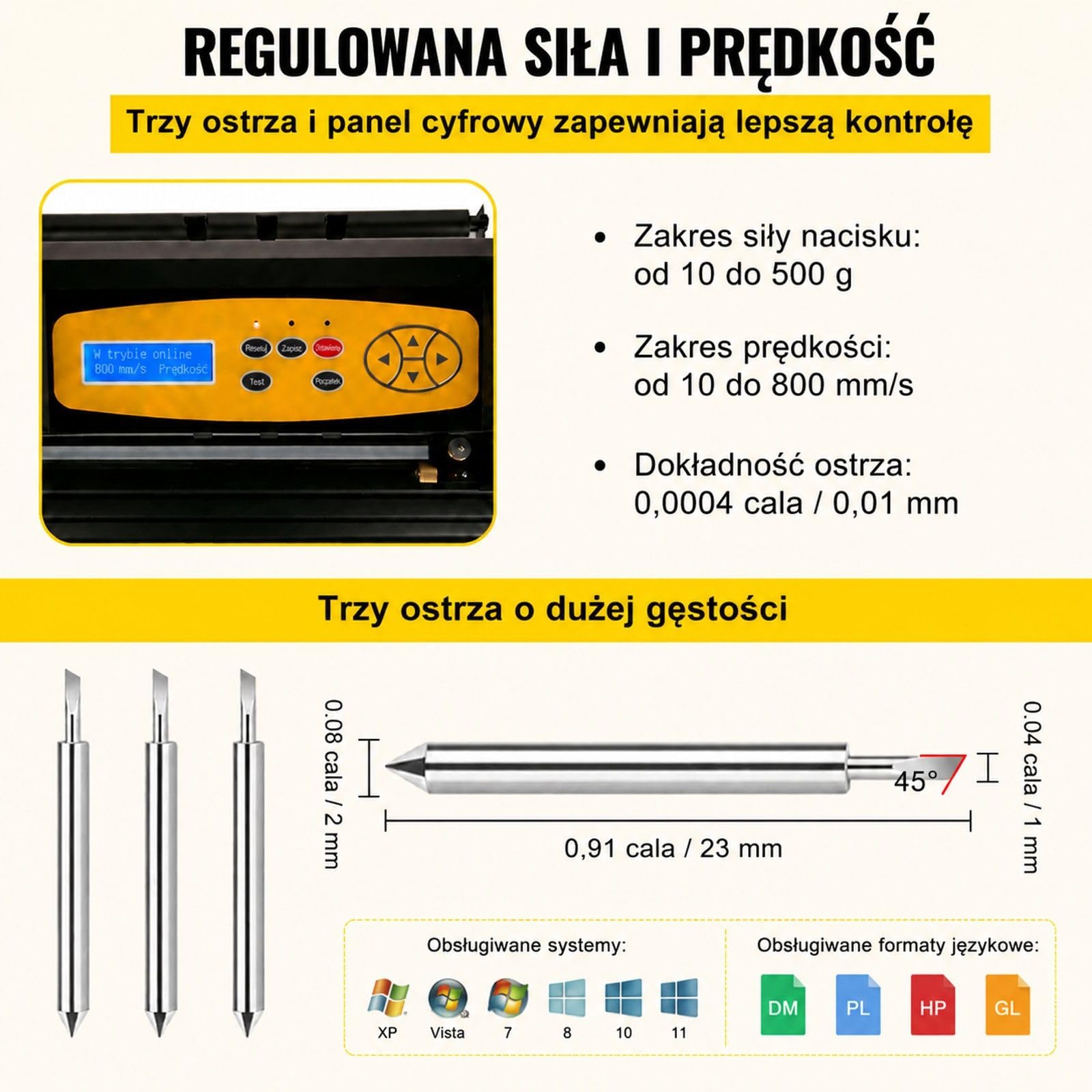 Ploter winylowy z panelem LED, stojakiem podłogowym, pięcioma rolkami oraz ręcznym konturem dla folii