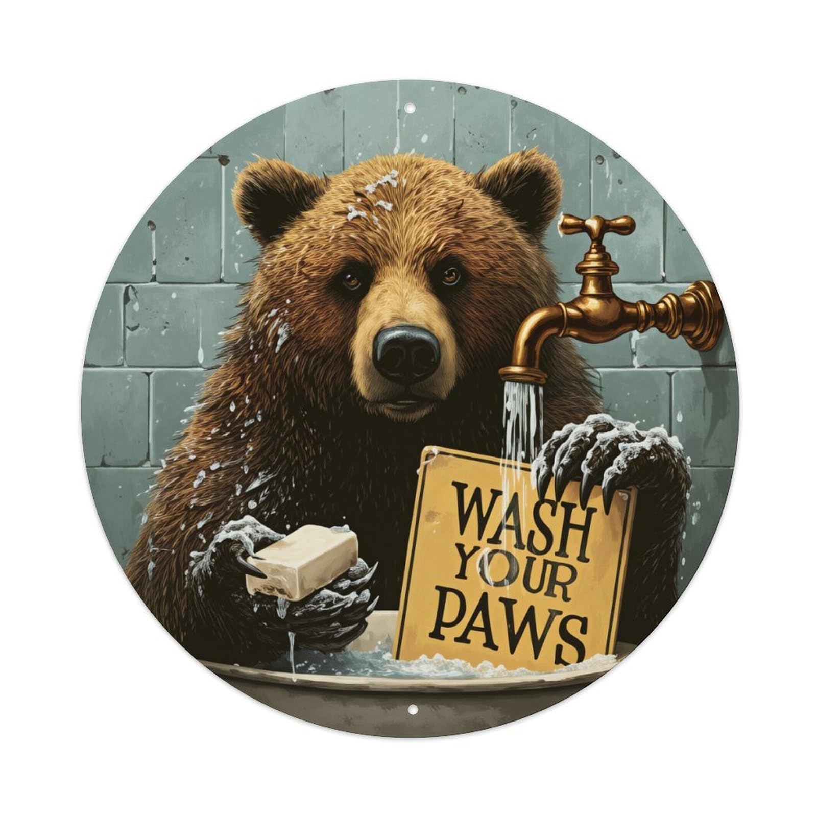 Bear Washing Paws Sign Soap Round Tin Sign Vintage Metal Poster, Home Bar Garage Man Cave Cafe Indoor & Outdoor Wall Decoration 8x8Inches