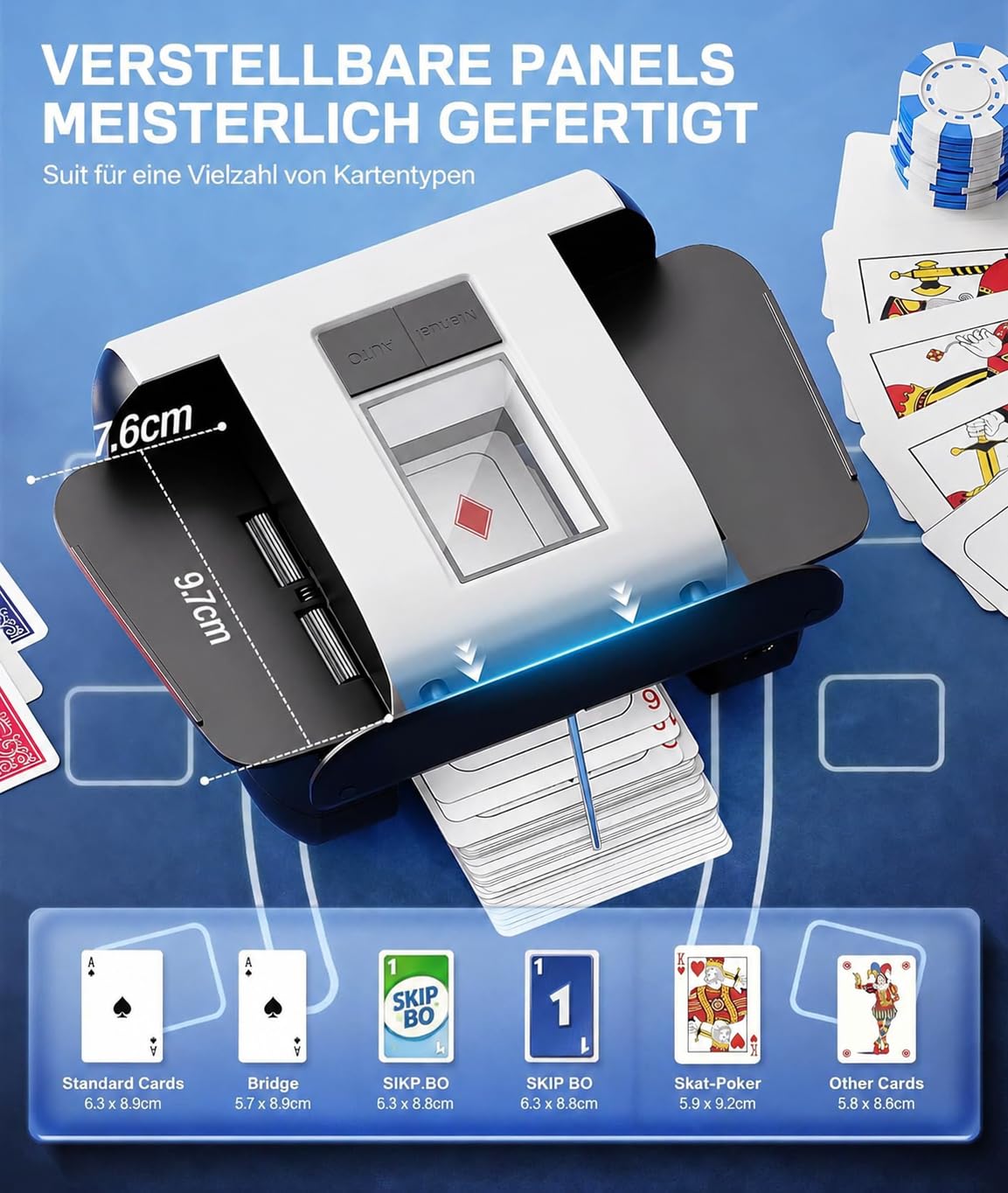 Kartenmischmaschine Elektrische - Automatischer Mischmaschine Karten, 2000mAh Wiederaufladbar| Geräuscharm, 2s Schnelles Mischen, Kartenmischgerät für Poker, UNO, Skip BO, Blackjack