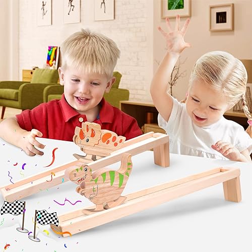 Miniatura 4 de Juguetes de dinosaurio de rampa de madera, paquete de 2  Juguetes Montessori de dinosaurio caminante para niños de 2 años, juguetes de bloques de