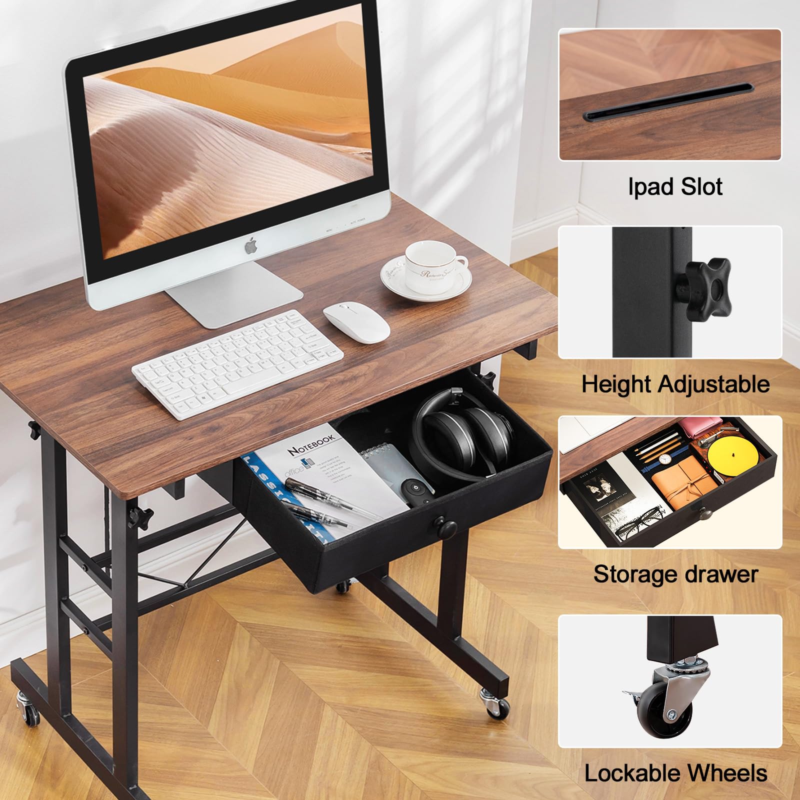 GTPLAYER Staand Bureau, bureau met opbergruimte, in hoogte verstelbaar bedtafel, 80 x 50 x (73-115 cm), laptopbureau met wieltjes