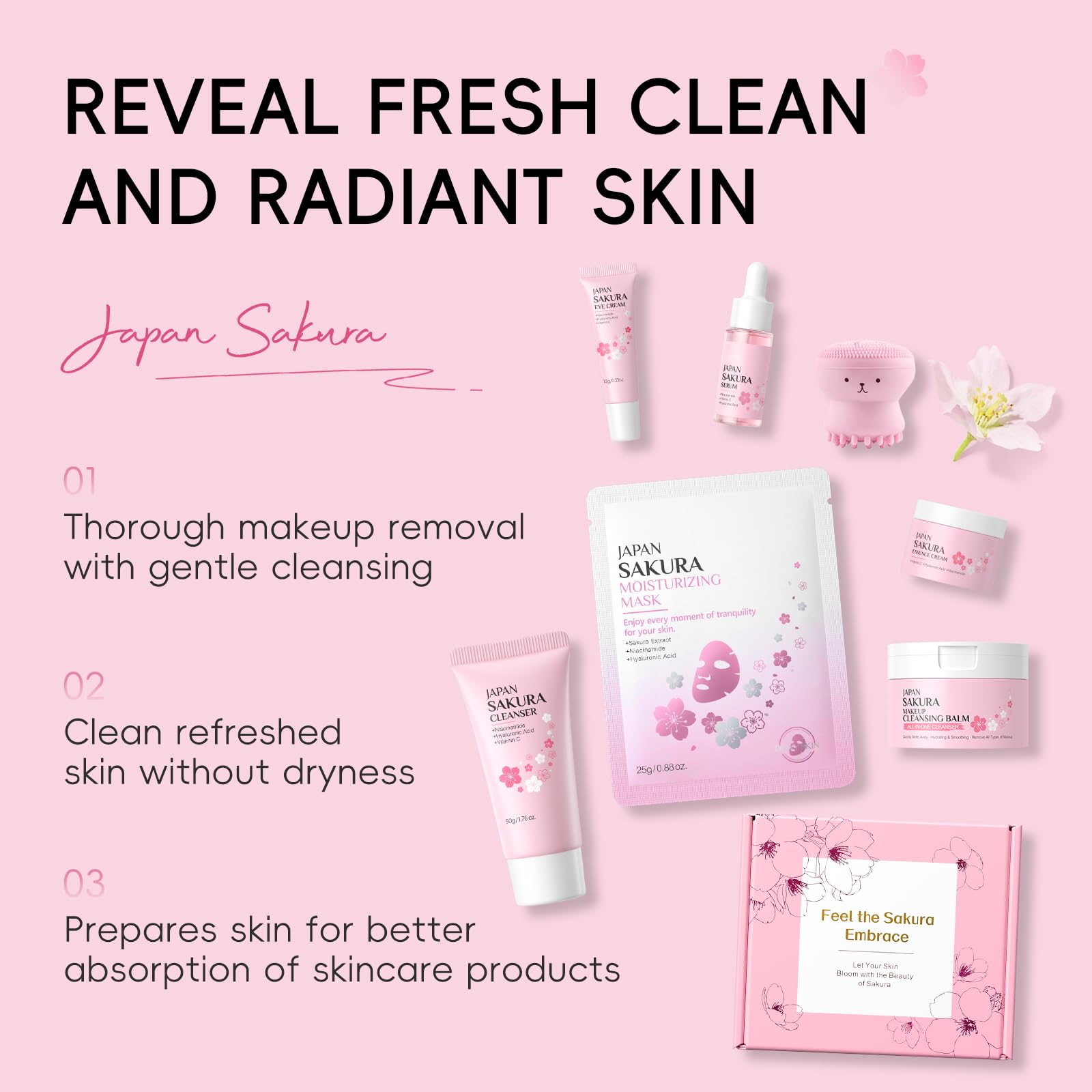 Sakura Balsamo Detergente Struccante 100g, Kit Struccante Viso e Occhi da Viaggio, per Pelle Detersa e Make-Up Rimosso, con Prodotti Skincare Viso Mini e Maschere Idratanti