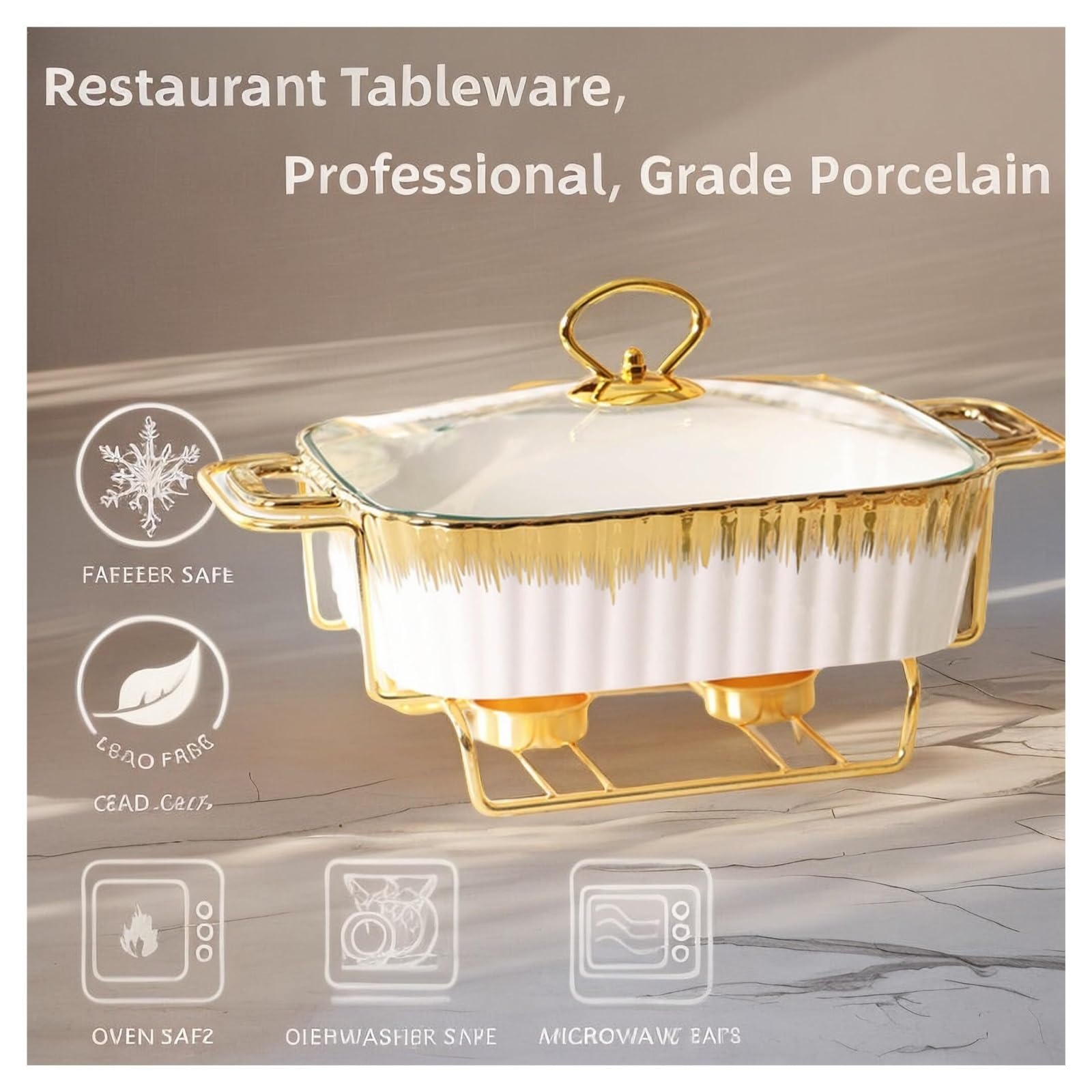 Scaldavivande in Ceramica Gold Chafer for Buffet | Pirofila rettangolare in ceramica piatto da portata con manici(L)
