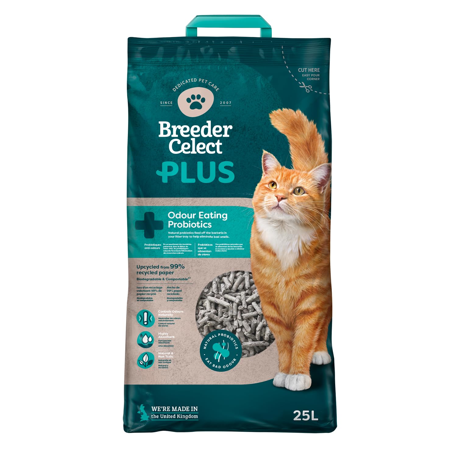 Breeder Celect Plus Probiotic Cat Litter (25L) - 99 Percent Recycled Paper, Absorbent Cat Litter, Natural Probiotics, Optimal Odor Control, Non-Clumping, Biodegradable & Compostable - Made in UK