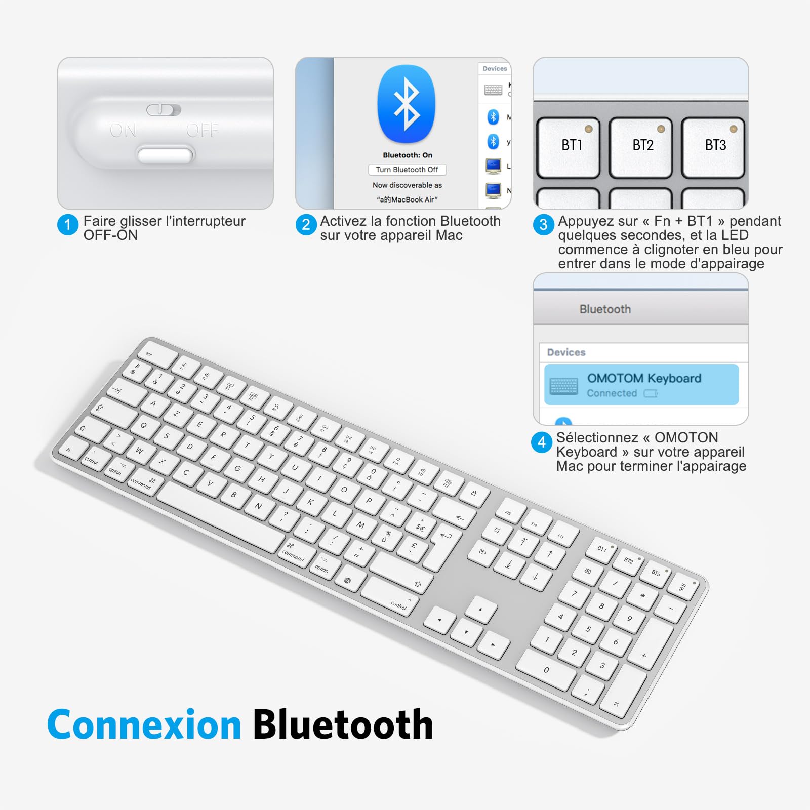 OMOTON Clavier Bluetooth sans Fil pour Mac AZERTY Français, Argent | Rechargeable, Multi-dispositifs avec 3 Canaux Bluetooth pour Apple MacBook Pro/Air, Mac Pro/Mini, iMac