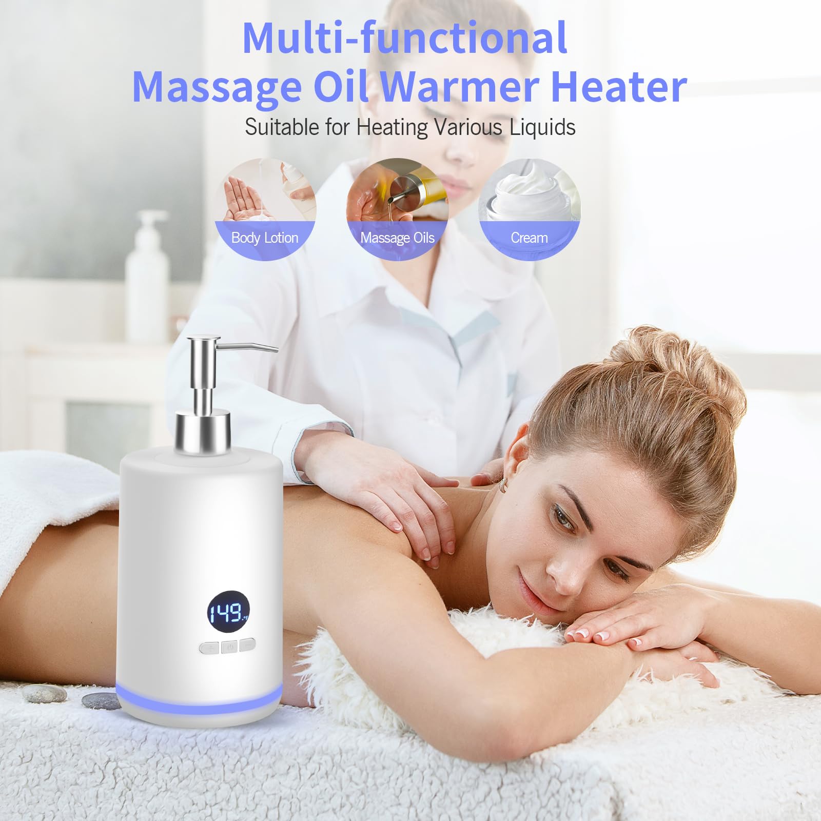 Yofuly - Scaldaolio per massaggi, dispositivo riscaldato per lozione per il corpo con set di rulli Gua Sha, riscaldatore elettrico per olio e gel con illuminazione ambientale, bianco