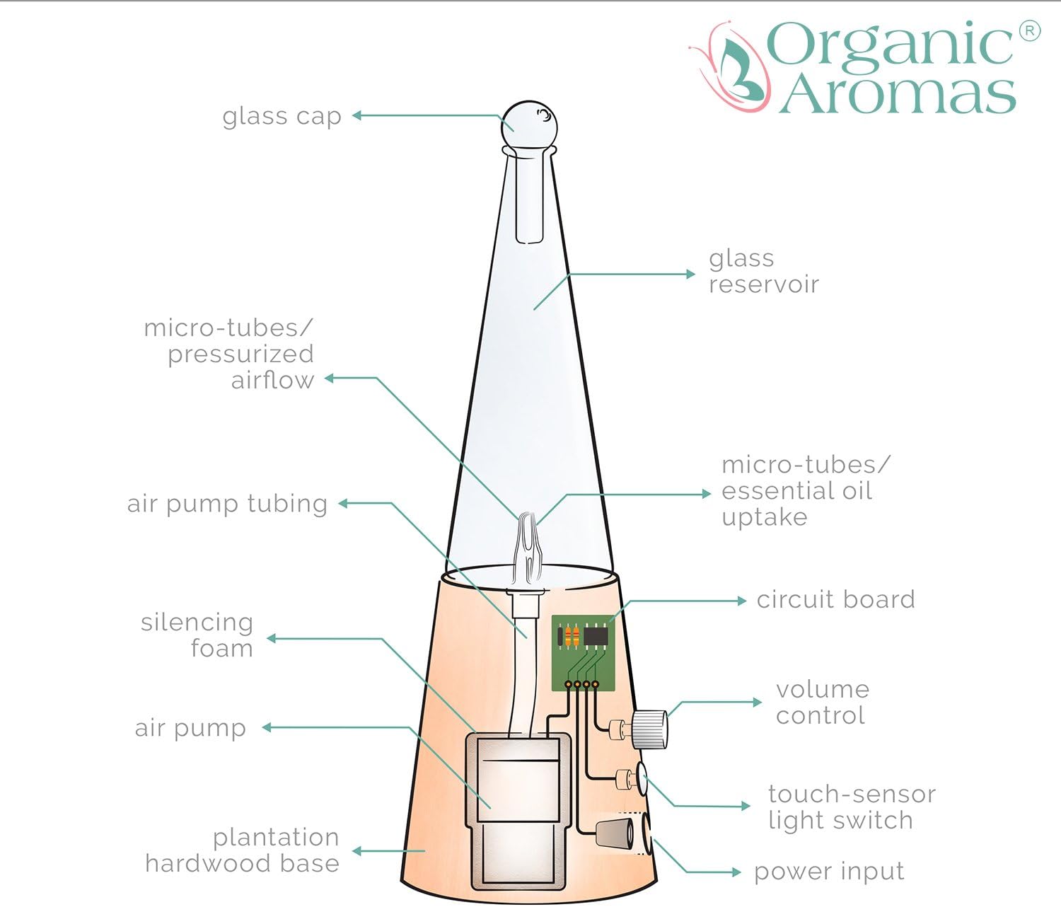 Exquisite Nebulizing Essential Oil Diffuser for Aromatherapy by Organic Aromas - Light-Colored Wood Base with Glass Reservoir (Light-Colored Wood)