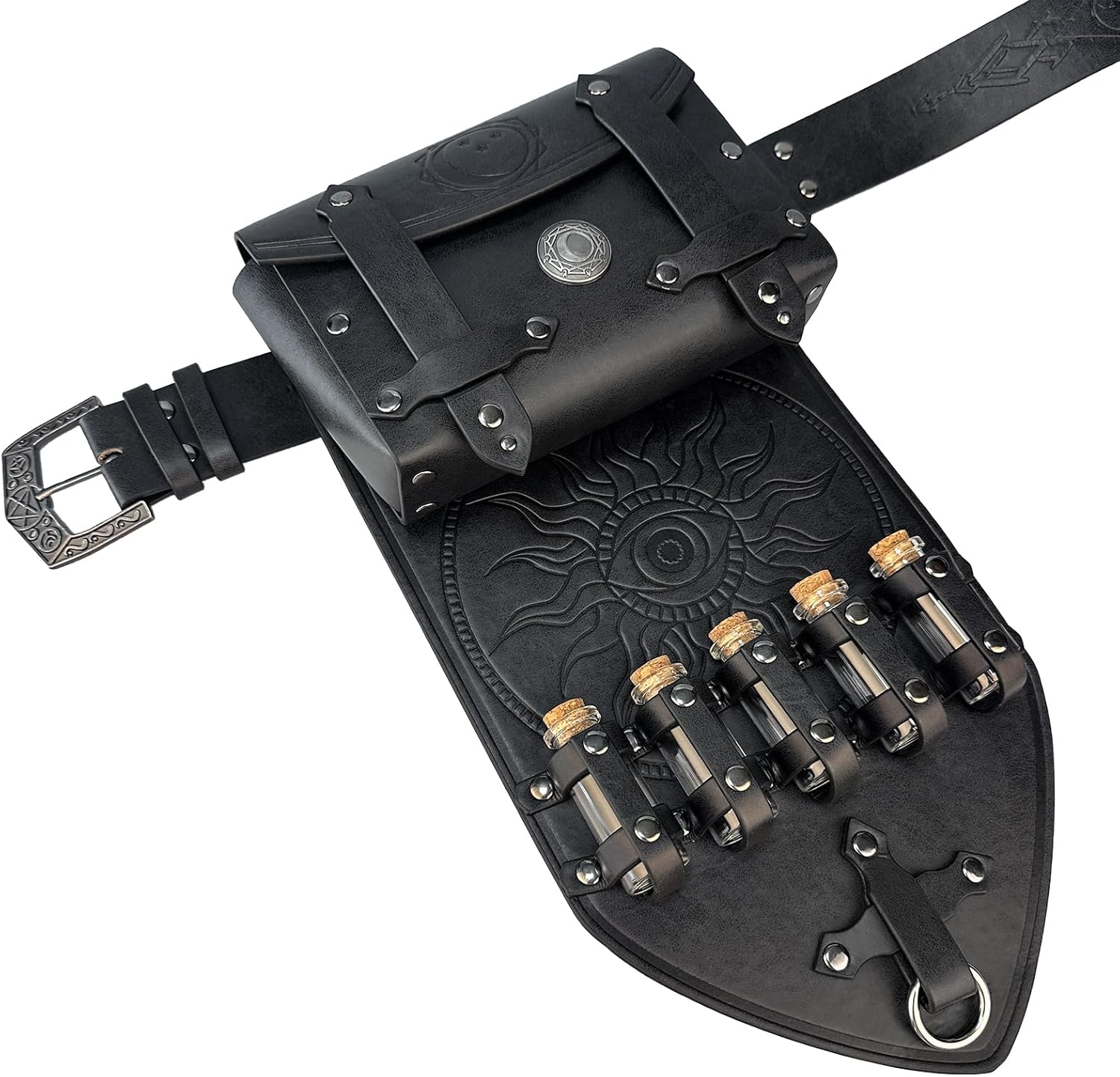 HiiFeuer 3PCs Medieval Alchemy Faux Leather Belt Bag Set with 5 Cork Potion Vials, Fantasy Embossed Wizard Belt (Black A) - Image 3