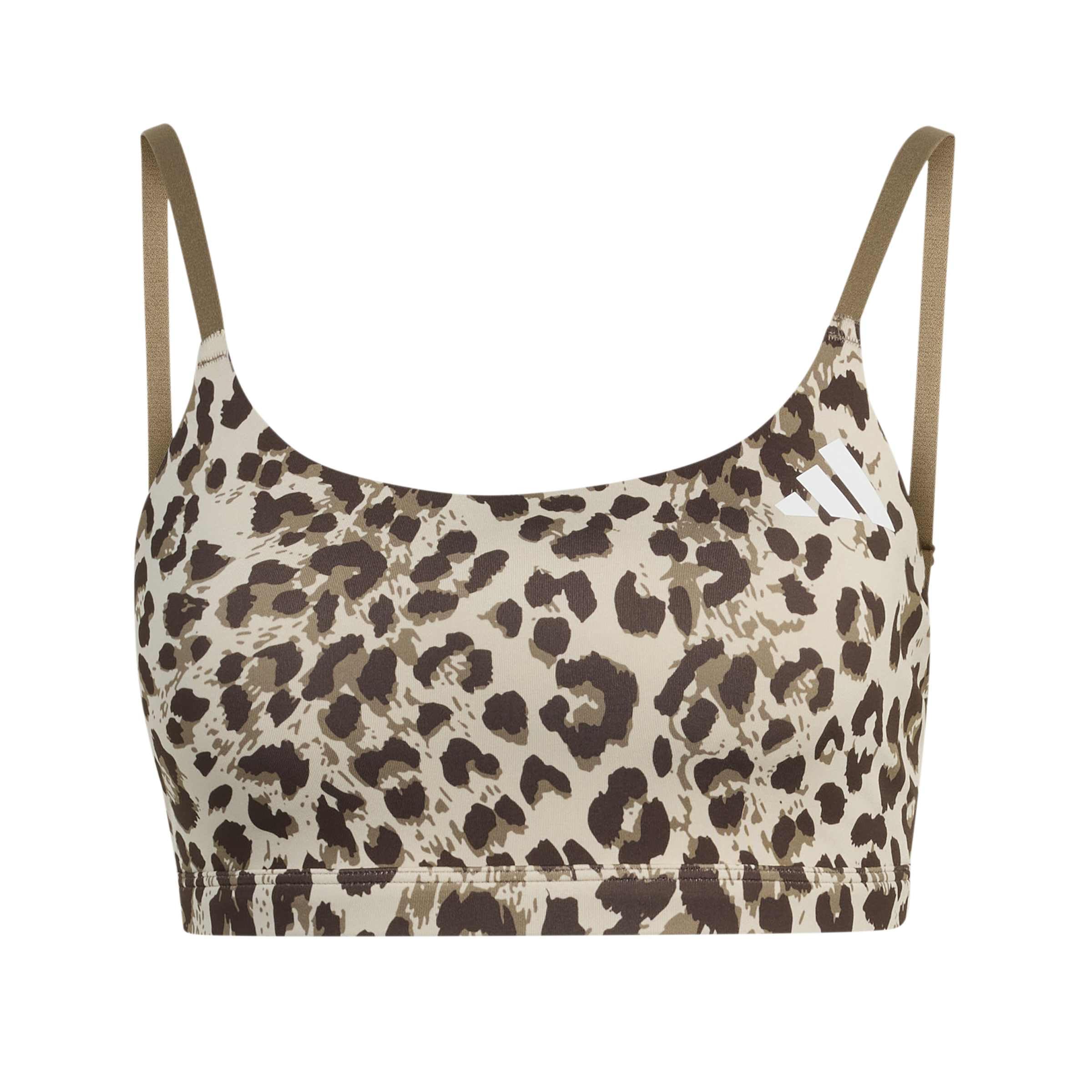 adidas Kobiety Optime Essentials 3-Stripes Leopard Light Support Bra, Crystal Linen/Khaki Six/dark brown, XXL