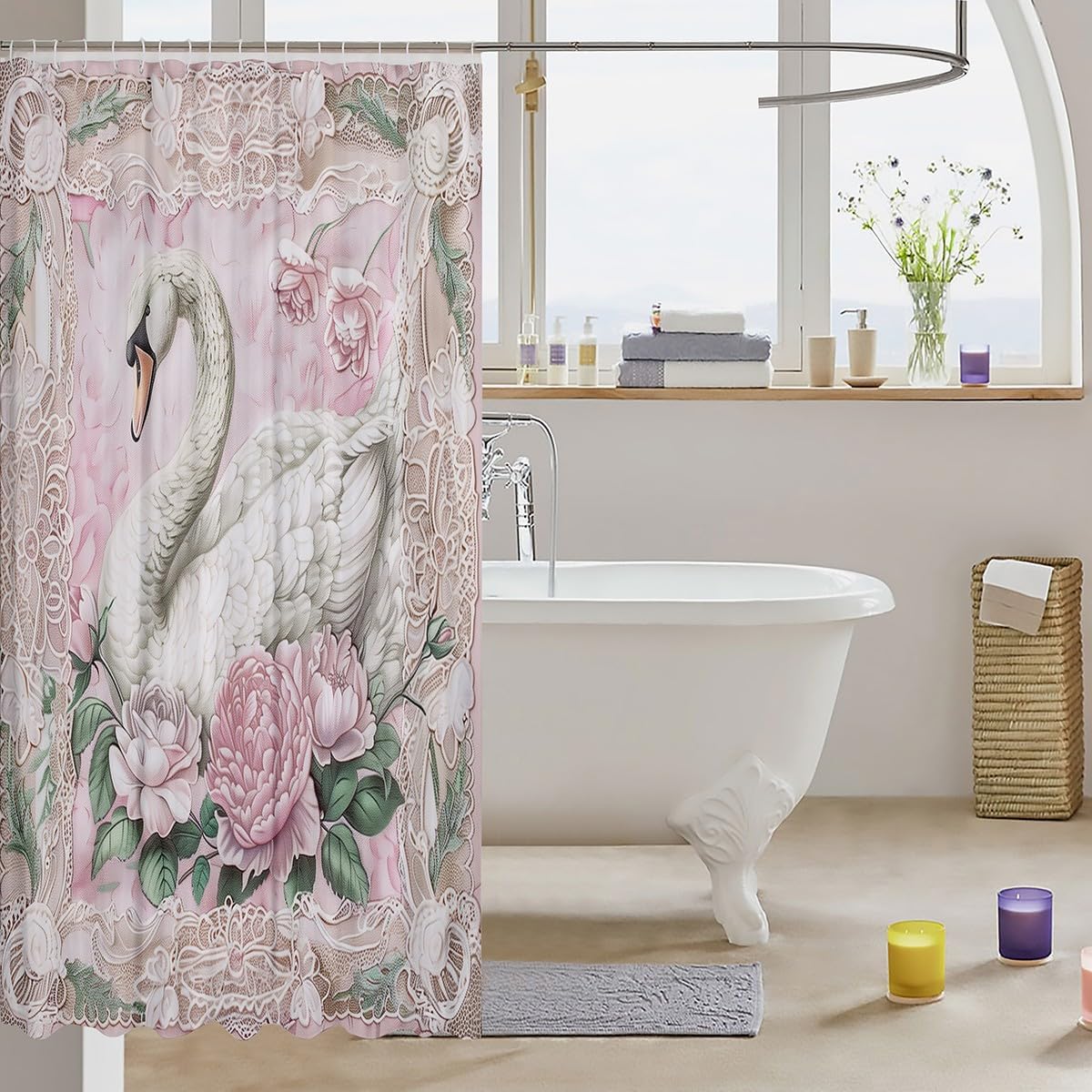 White Swan Bath Curtain with Hooks,Vintage Pink Flowers Spring Romantic Valentine Waterproof Shower Curtain,European Style Lace Garden Floral Bathroom Accessories,72x 78 Inches