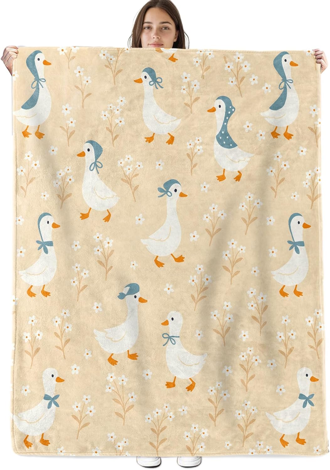 Duck Blanket Soft Cozy Flannel Throw Blankets, Farm Animal with Blue Scarf and Flower Pattern Throws for Couch Bed Sofa Living Room Country Decor, Gifts for Women Adults Rustic Lovers 60"×50"