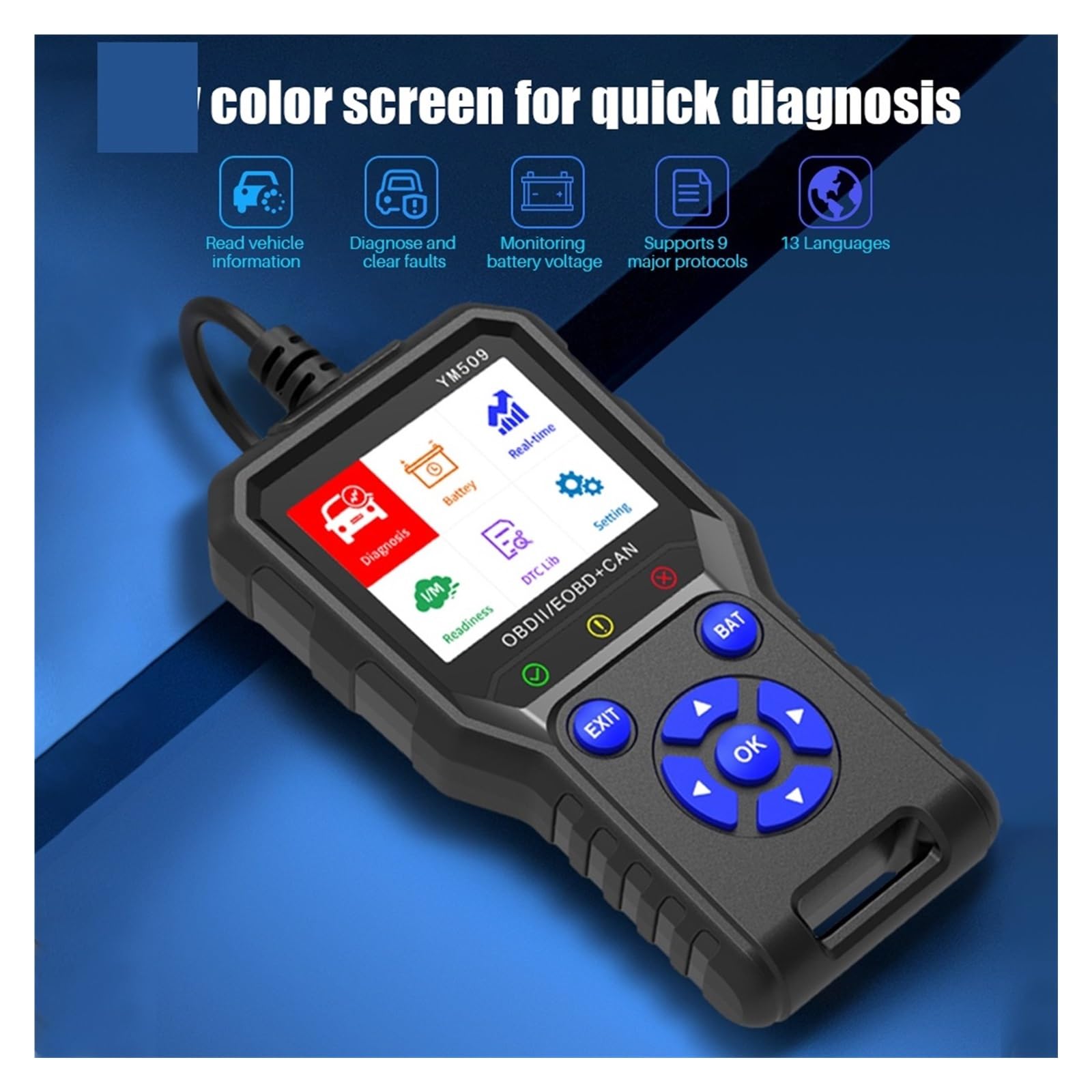 Lector de códigos de coche Lector de códigos ODB2 Herramienta de diagnóstico de automóviles Escáner OBD 2 Escáner OBD2 Borrar códigos de error YM509 Multi idiomas Compatible con varios idiomas