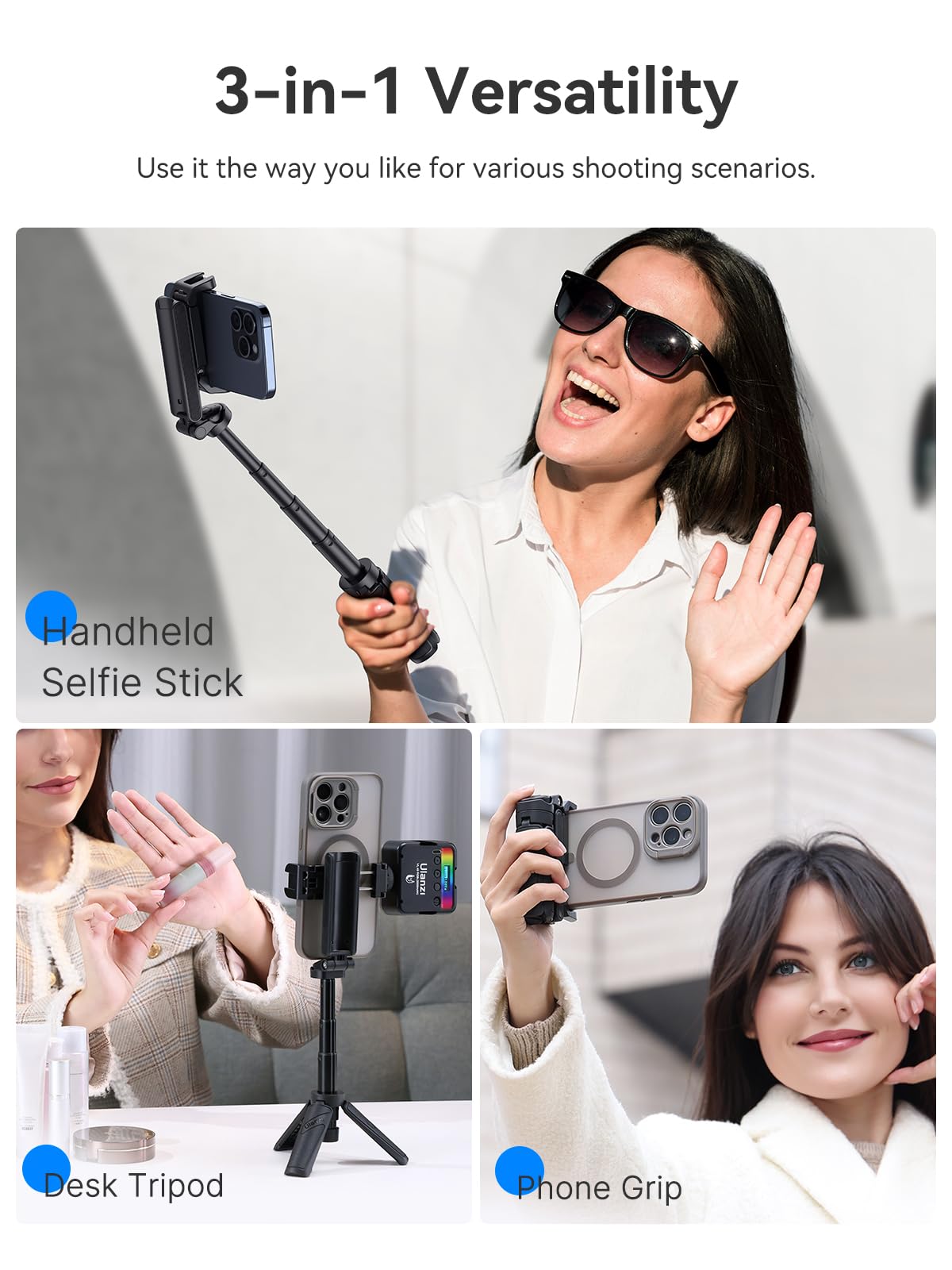 ULANZI JJ02 Perche à Selfie Bluetooth, 3 en 1 Mini Trépied Extensible, Support pour Téléphone Portable, Smartphone Capgrip avec Télécommande, 2 Sabots Froids, pour Smartphone iPhone/Samsung/Android
