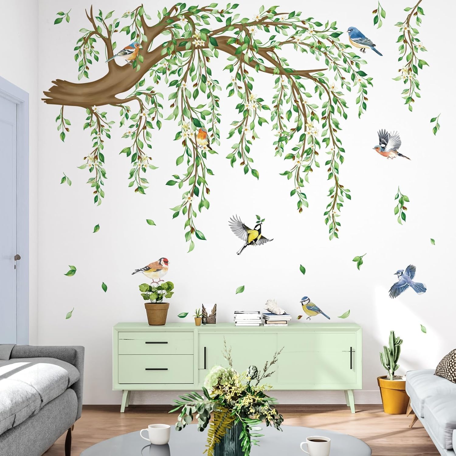 Large Tree Sticker Green Hanging Plants Wall Sticker Birds Flower Branches Wall Art Decals Wall Murals Peel and Stick Nature for Living Room Bedroom TV Wall