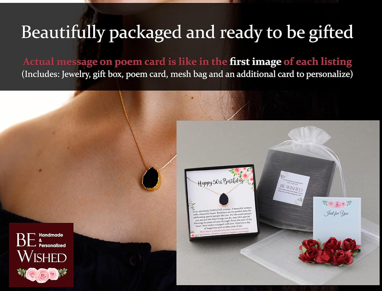 Be Wished 50th Birthday Gifts for Women, Goldfilled Black Onyx Necklace Jewelry Gift with Meaningful Message