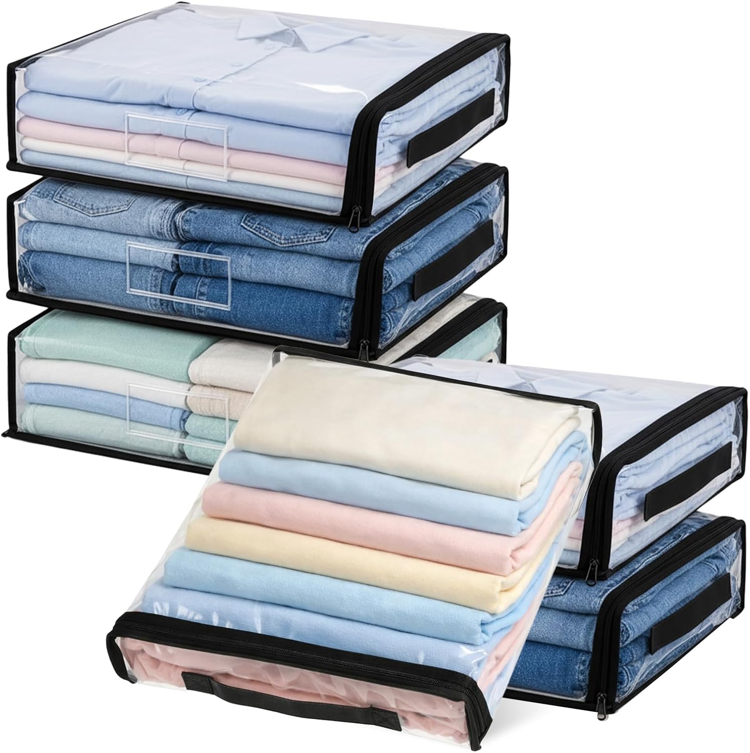6 Pack Clear Zippered Storage Bags, Plastic Sweater Storage Bags | Vinyl Sheet Organizer with Zipper, Sweater Moth Bag for Clothes, Sweaters, Blankets, Linen, Pillow (14 x 12 x 3 Inch)
