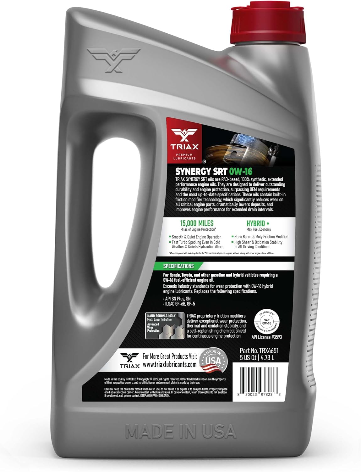 TRIAX Synergy SRT 0W-16 Full Synthetic PAO and Ester Engine Oil for Hybrid Vehicles - Extended Drain 15k Miles (5 Quart)