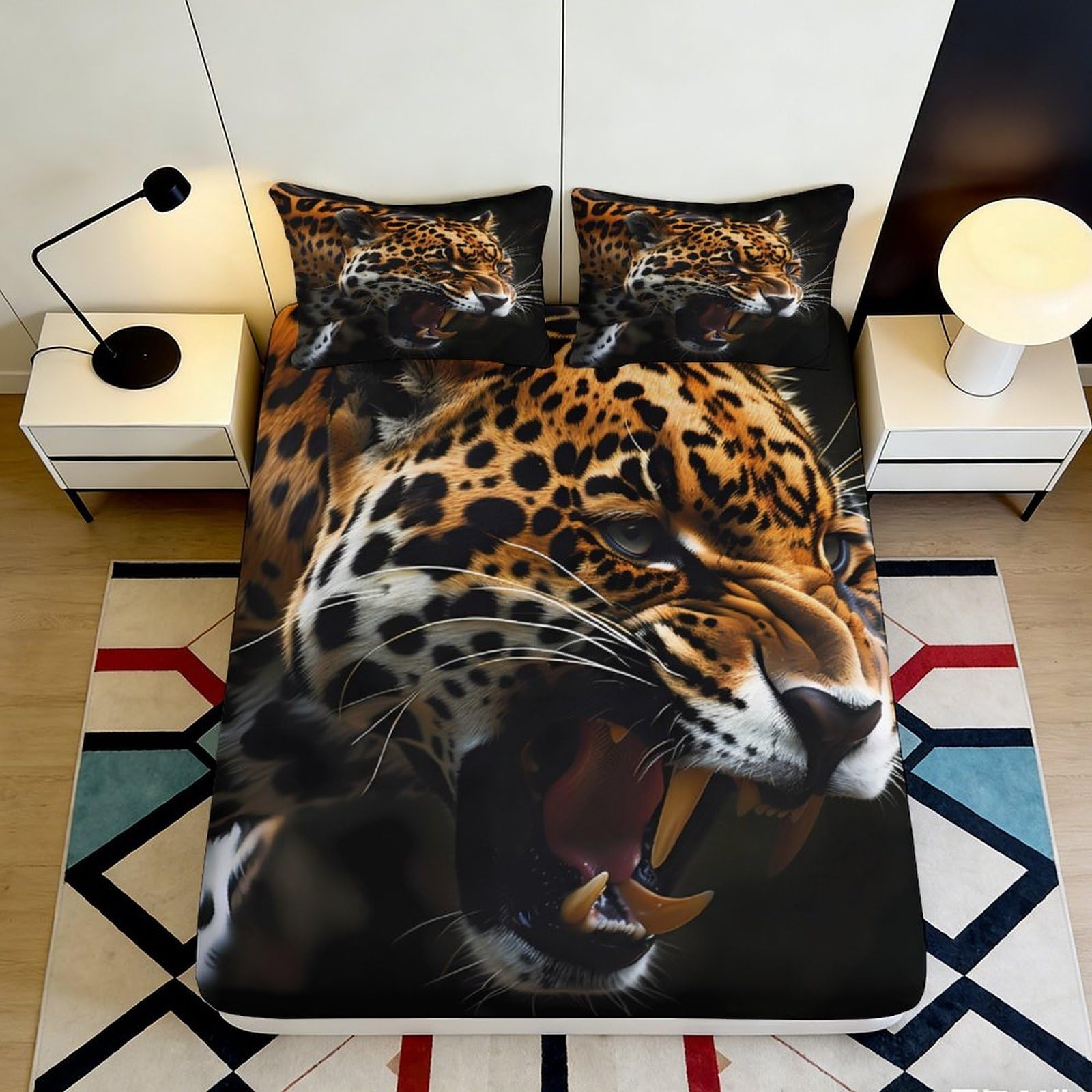 3D Printed Leopard Roaring Fitted Sheet Microfiber Soft Black Wild Animal Mattress Cover for Bedroom Guest Room Decoration 90x200x25cm